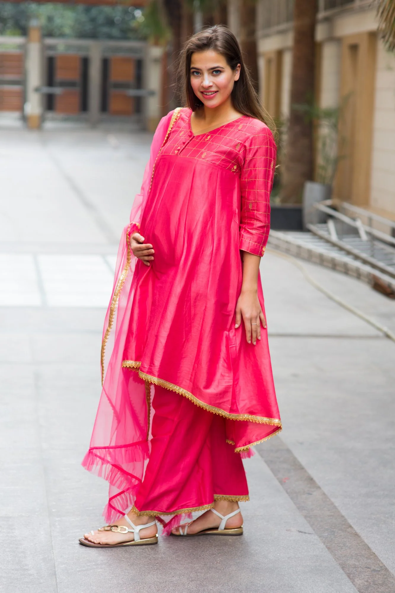 Premium Pink Chanderi Silk Gold Zari Maternity Suit Set (3 pc) - Chenance