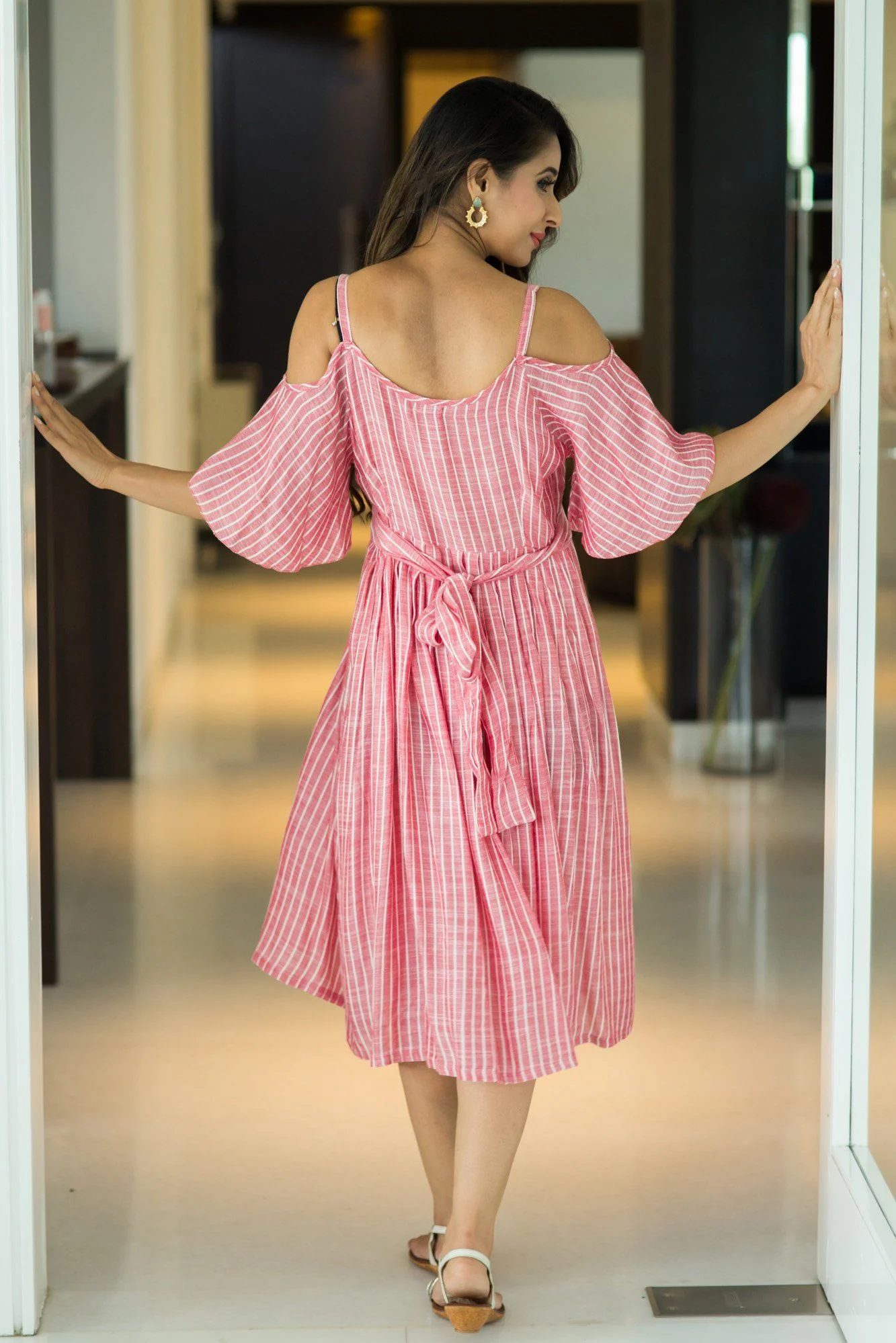 Free Spirited Red Stripe Cold Shoulder Maternity Dress - Chenance