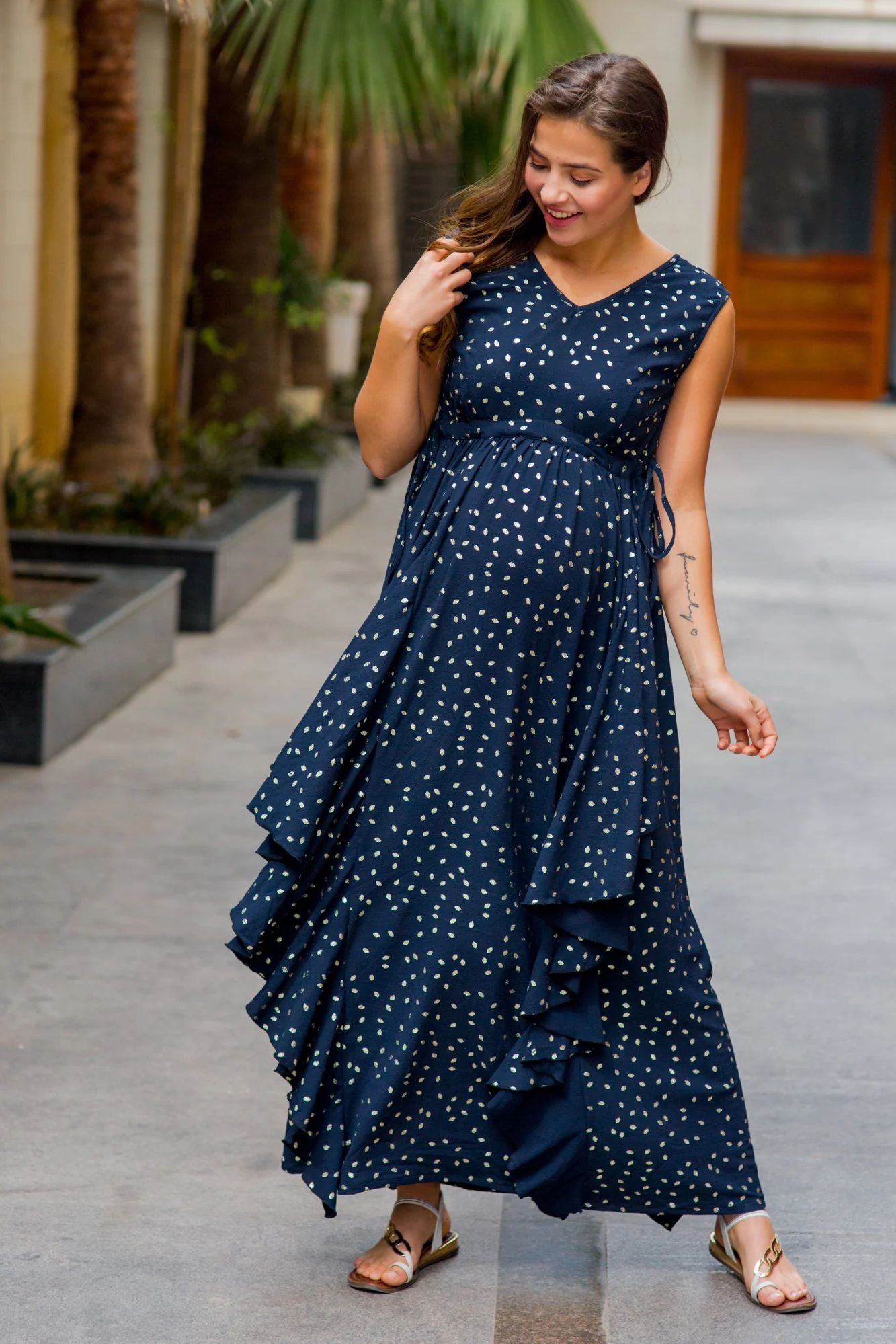 Luxe Navy Gold Speckle Embellished Maternity Flow Dress - Chenance