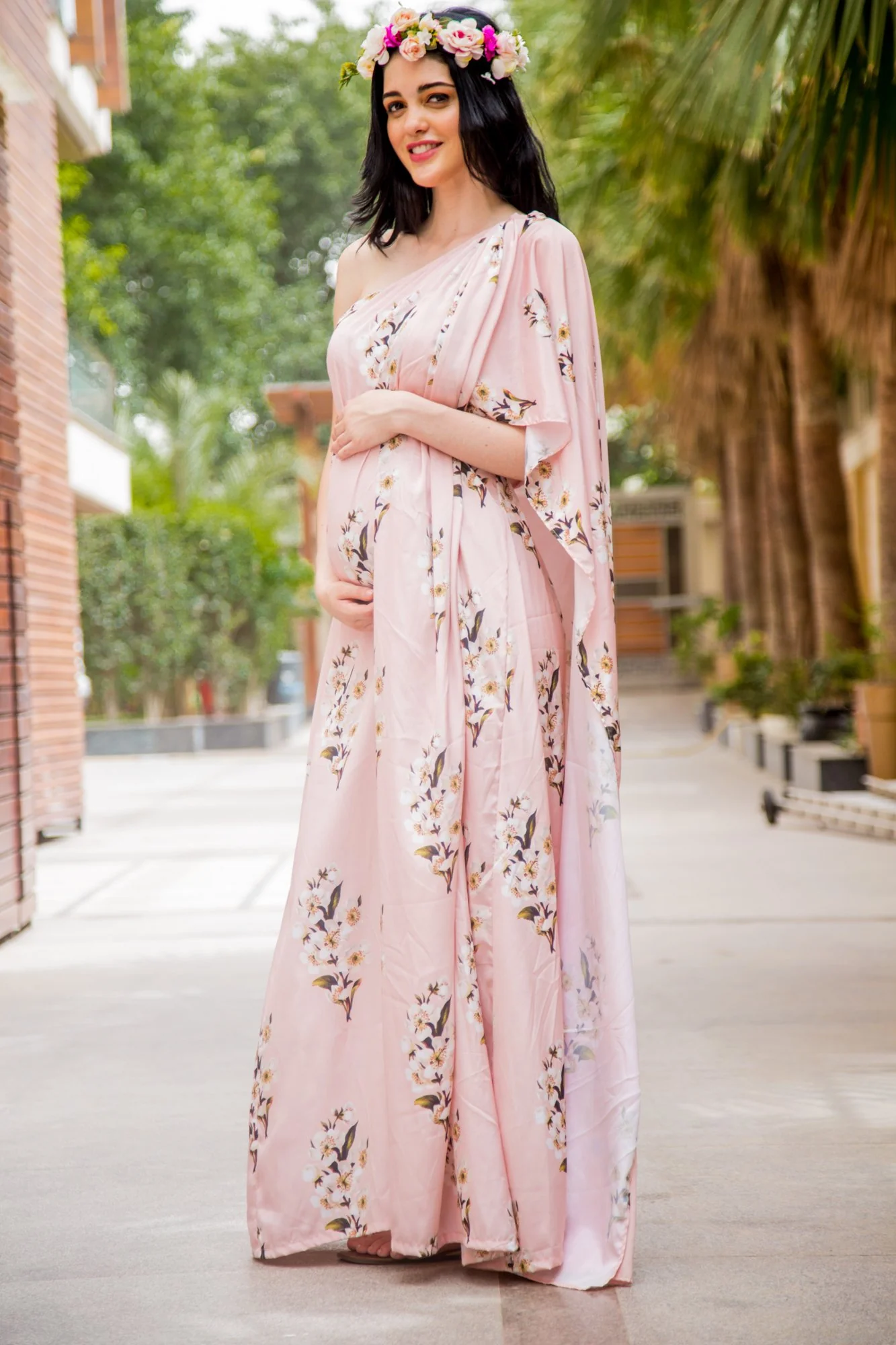 Luxe Carnation Pink One Shoulder Floral Maternity Gown - Chenance