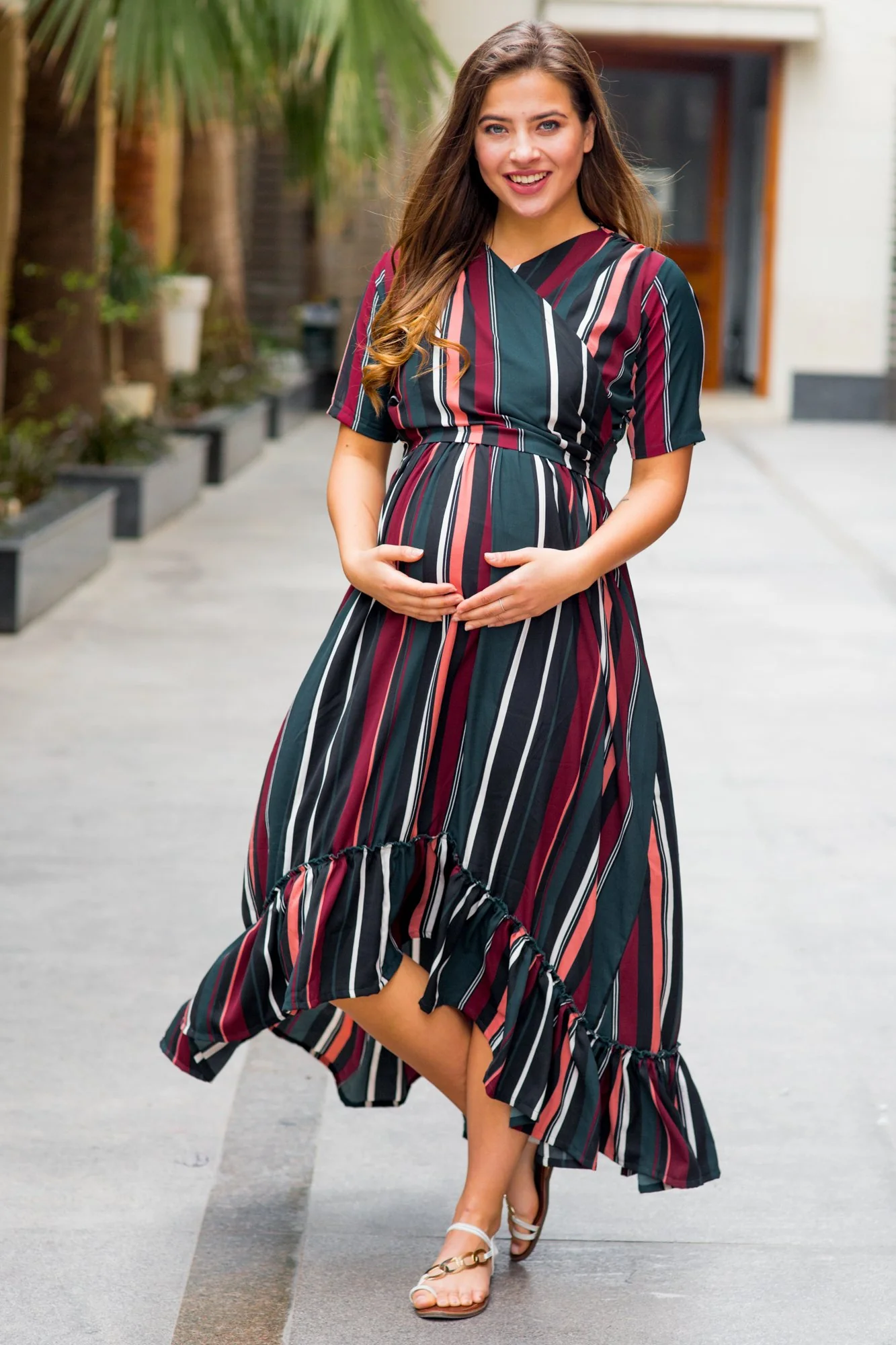 Royal Multi Striped Maternity & Nursing Wrap Dress - Chenance