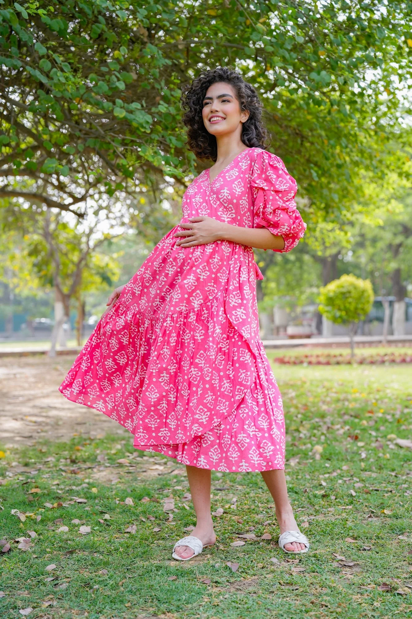 Winsome Baby Pink Maternity & Nursing Frill Wrap Dress (100% Cotton) - Chenance