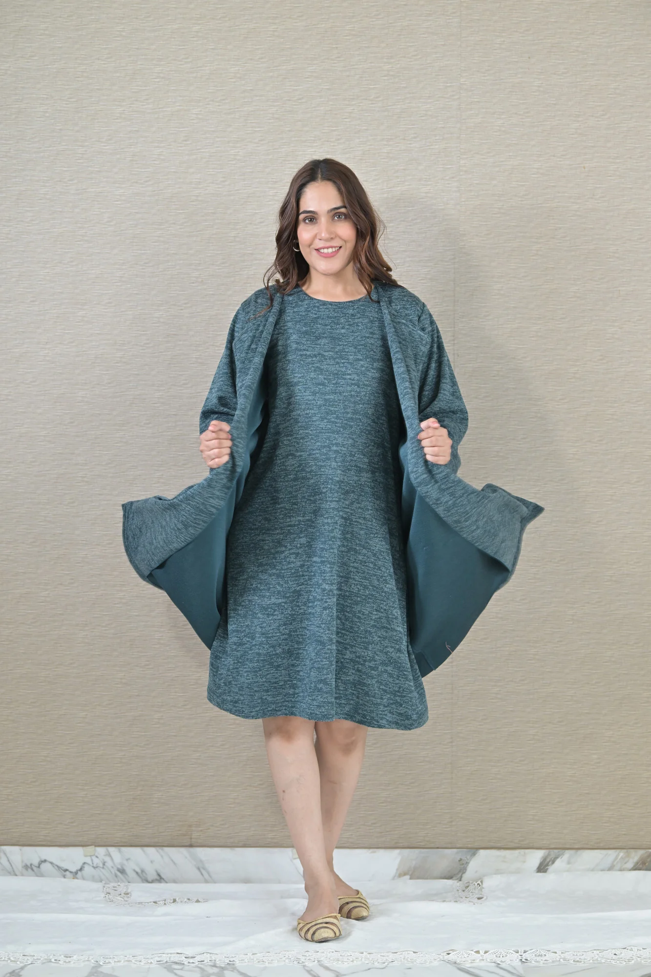 Chic Ocean Green Maternity Winter Dress With Cover Up (2pc) - Chenance