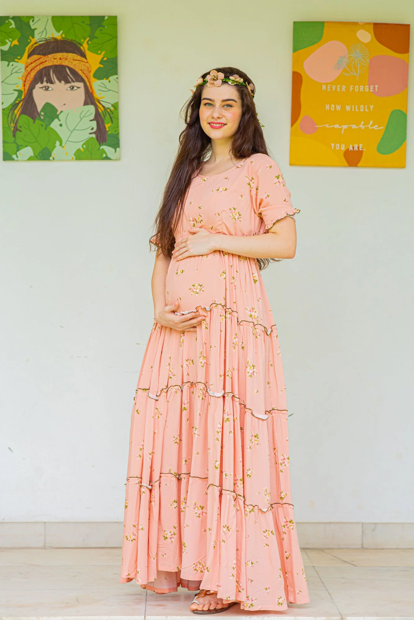 Peach Garden Frill Maternity & Nursing Dress - Chenance