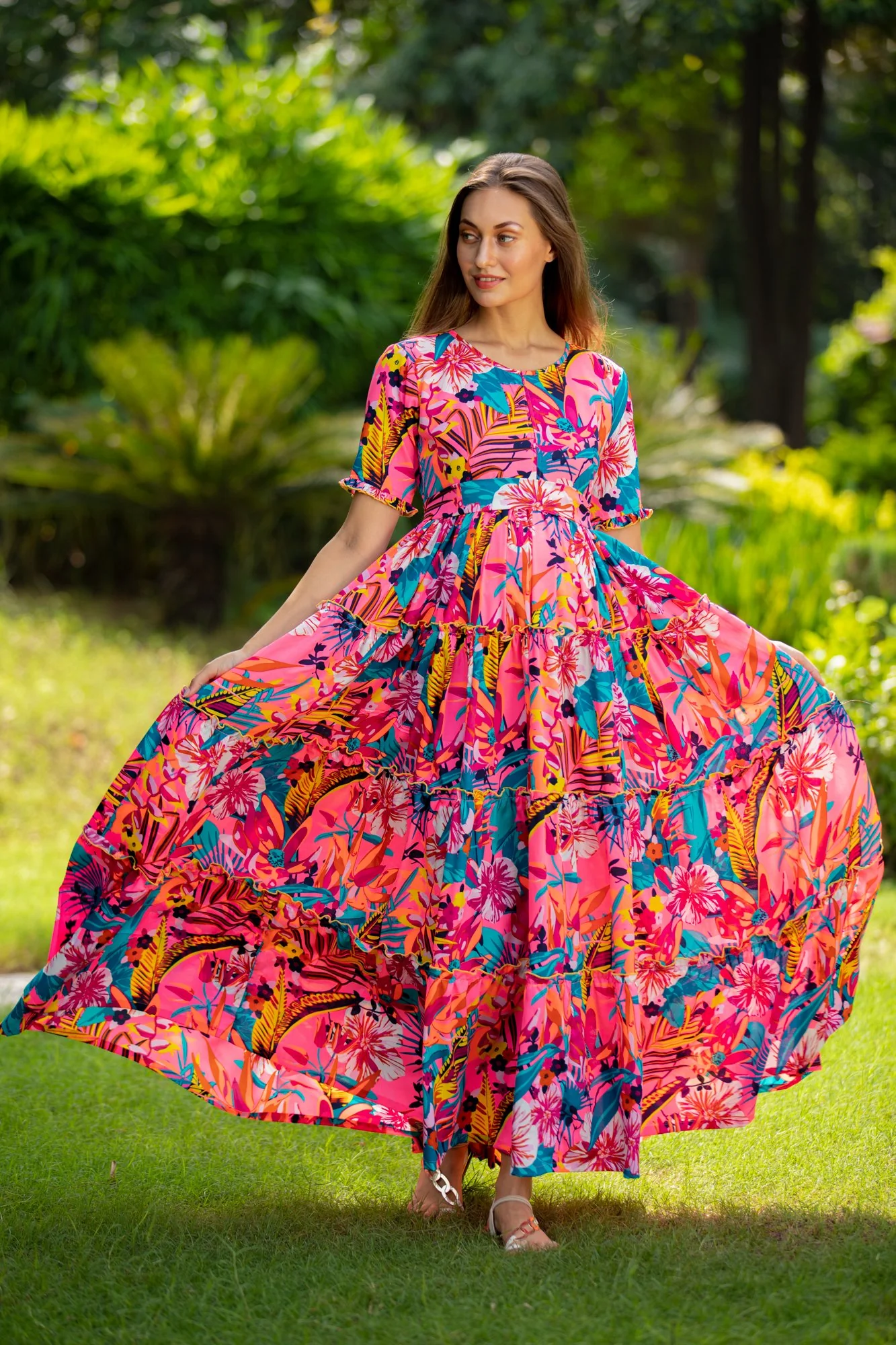 Paradise Bloom Multilayer Frill Single Concealed Zip Maternity & Nursing Dress - Chenance