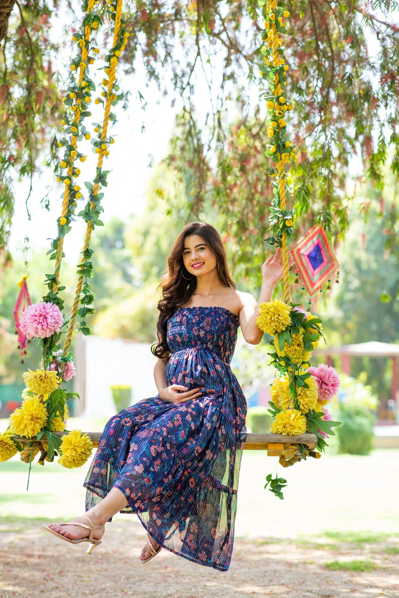 Midnight Chiffon Floral Maternity Off-Shoulder Frill Dress - Chenance