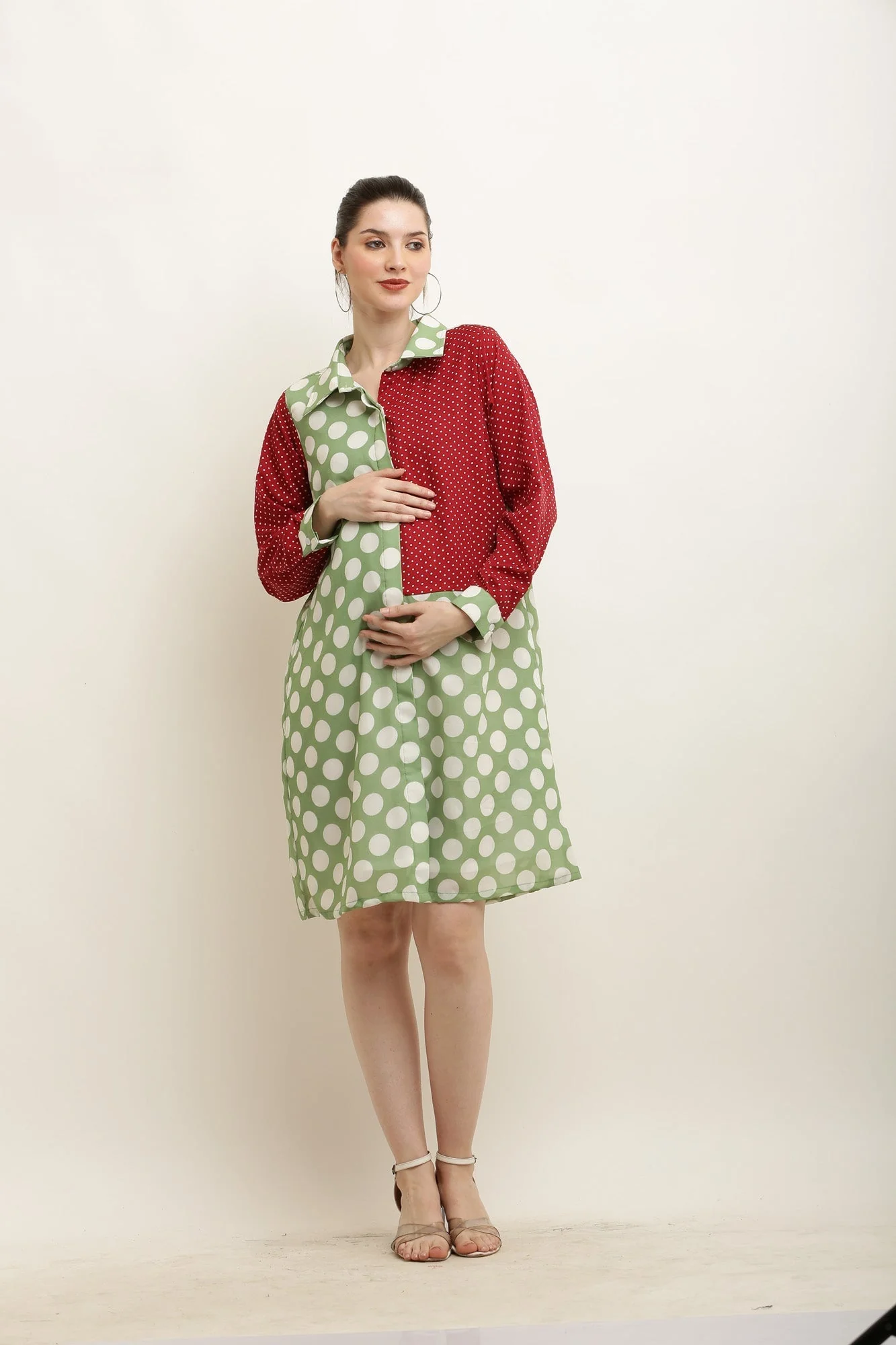 Merry Polka Printed Red-Green Shirt Dress - Chenance
