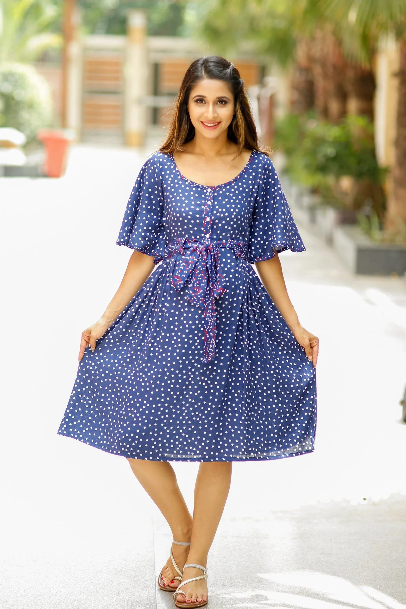 Blue Polka Maternity and Front Button Nursing Swing Dress - Chenance