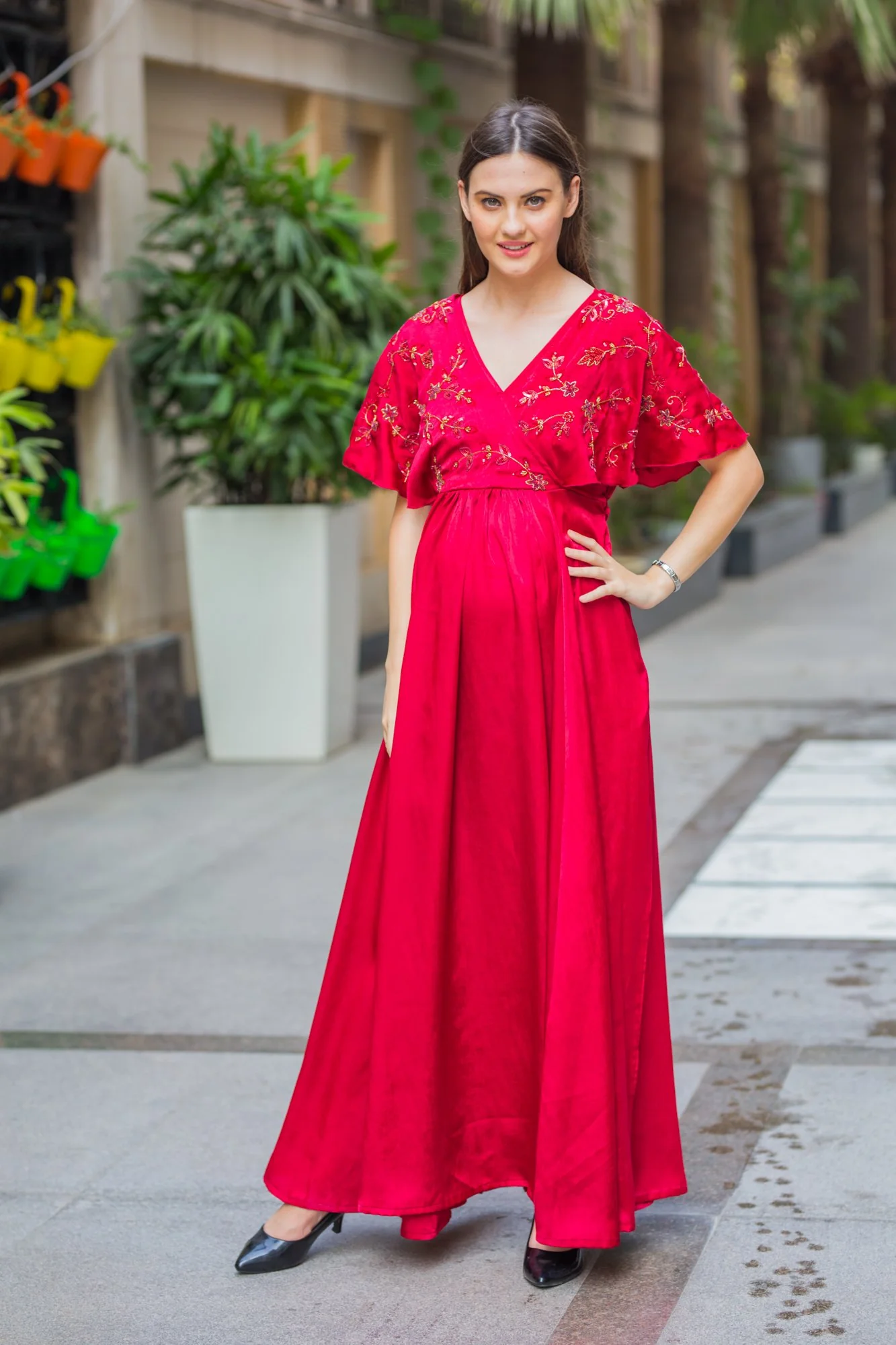 Luxe Blush Red Maternity & Nursing Dress - Chenance