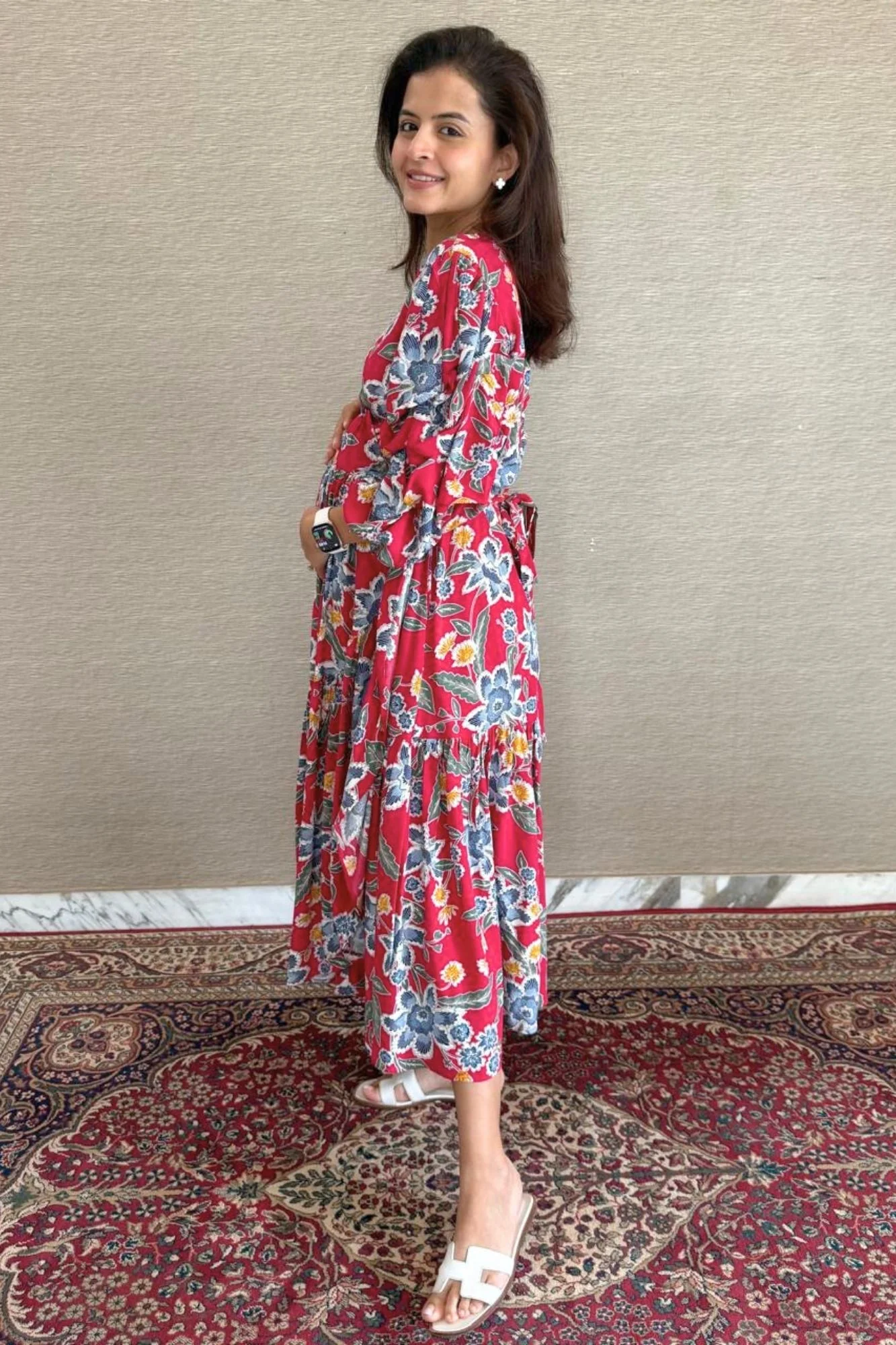 Pink Flower Pop Maternity & Nursing Frill Wrap Dress - Chenance