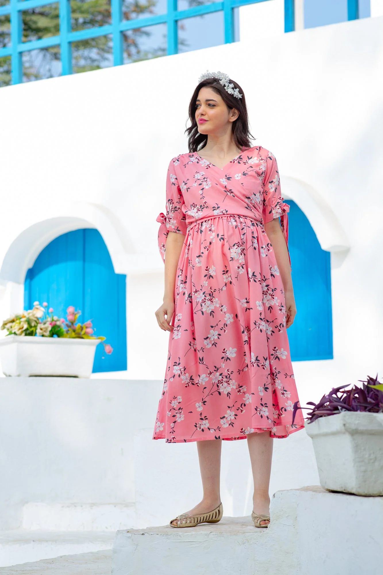 Soft Pink Blossom Maternity & Nursing Wrap Midi Dress - Chenance