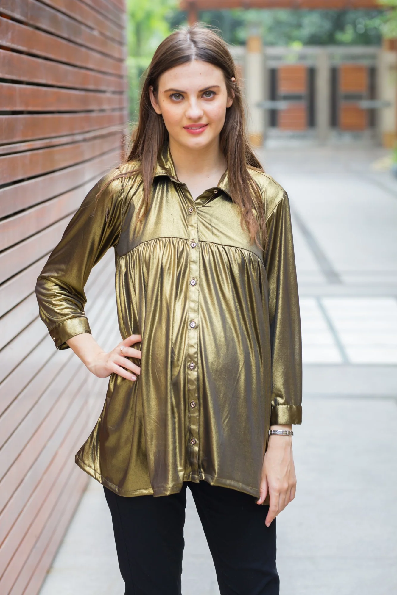 Shimmer Gold Gathered Maternity & Nursing Top - Chenance