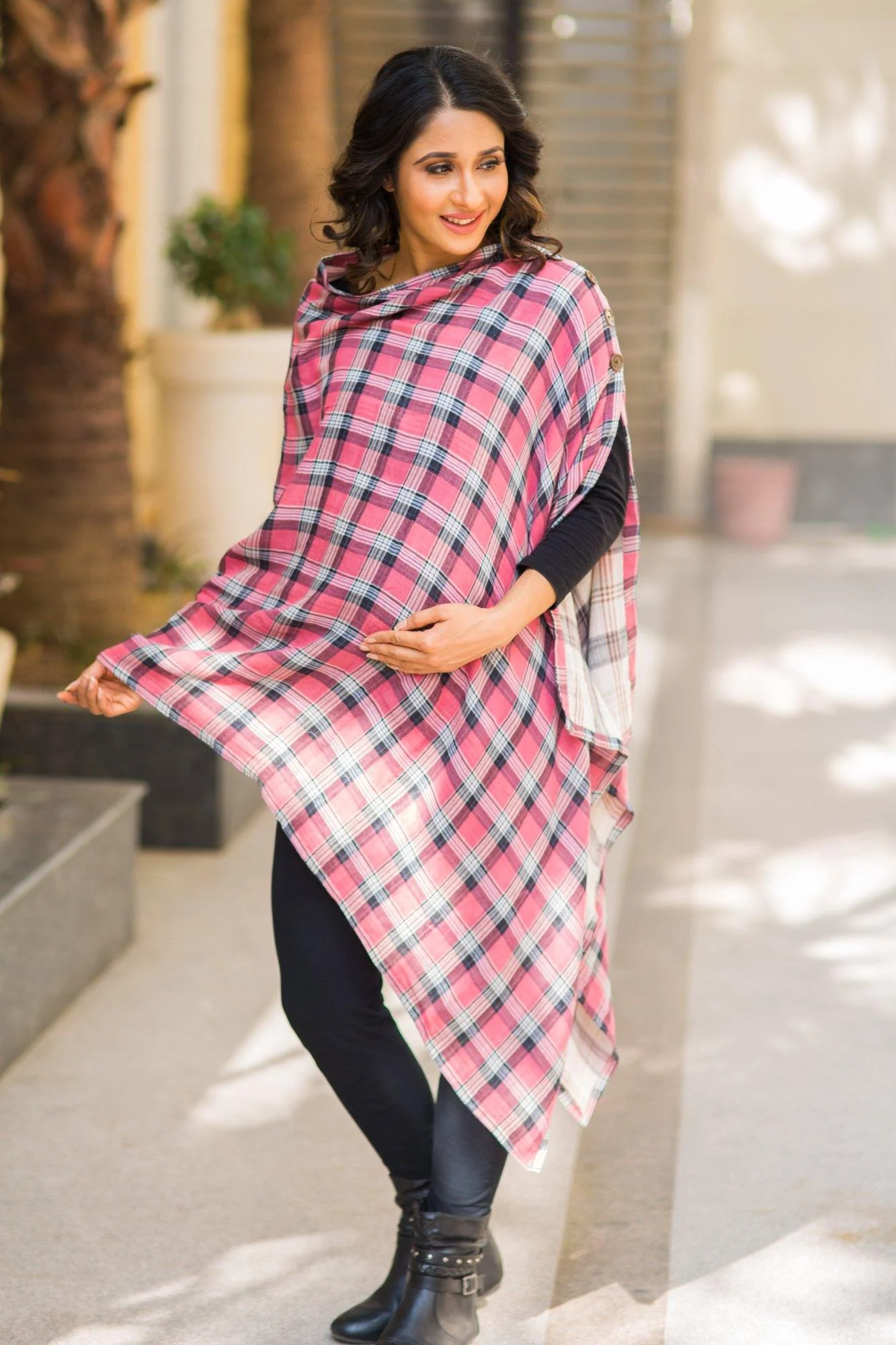 2 in 1 Double Sided Rose Pink Plaid Nursing Stole - Chenance