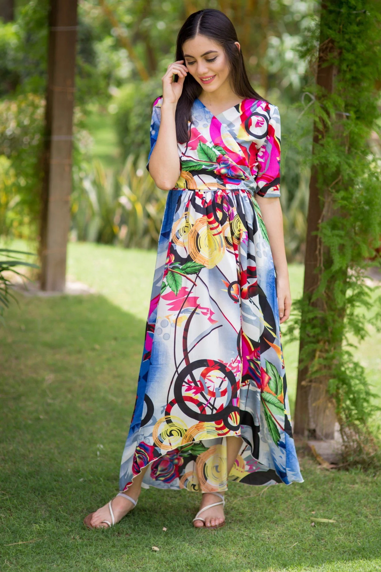 Abstract Printed High-Low Maternity & Nursing Wrap Dress - Chenance