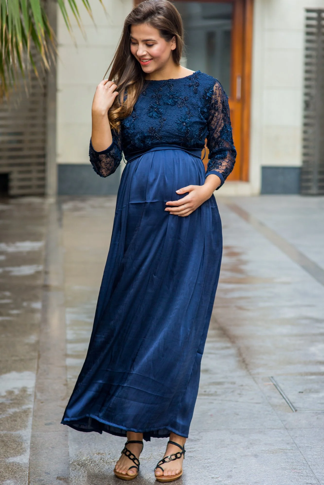 Luxe Elegant Blue Lace Embroidered Maternity Dress - Chenance