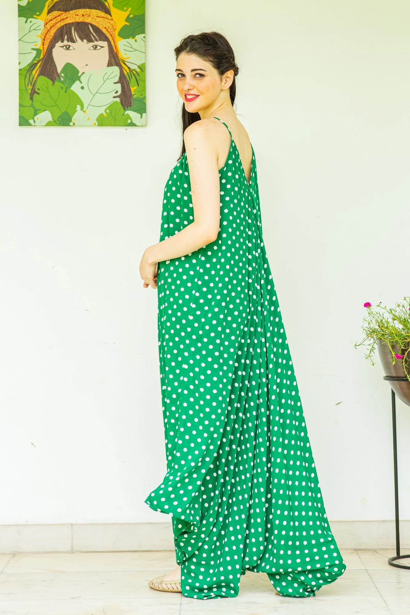 Set of 2 - Emerald Green Polka Cotton Maternity Jumpsuit with Cover Up - Chenance
