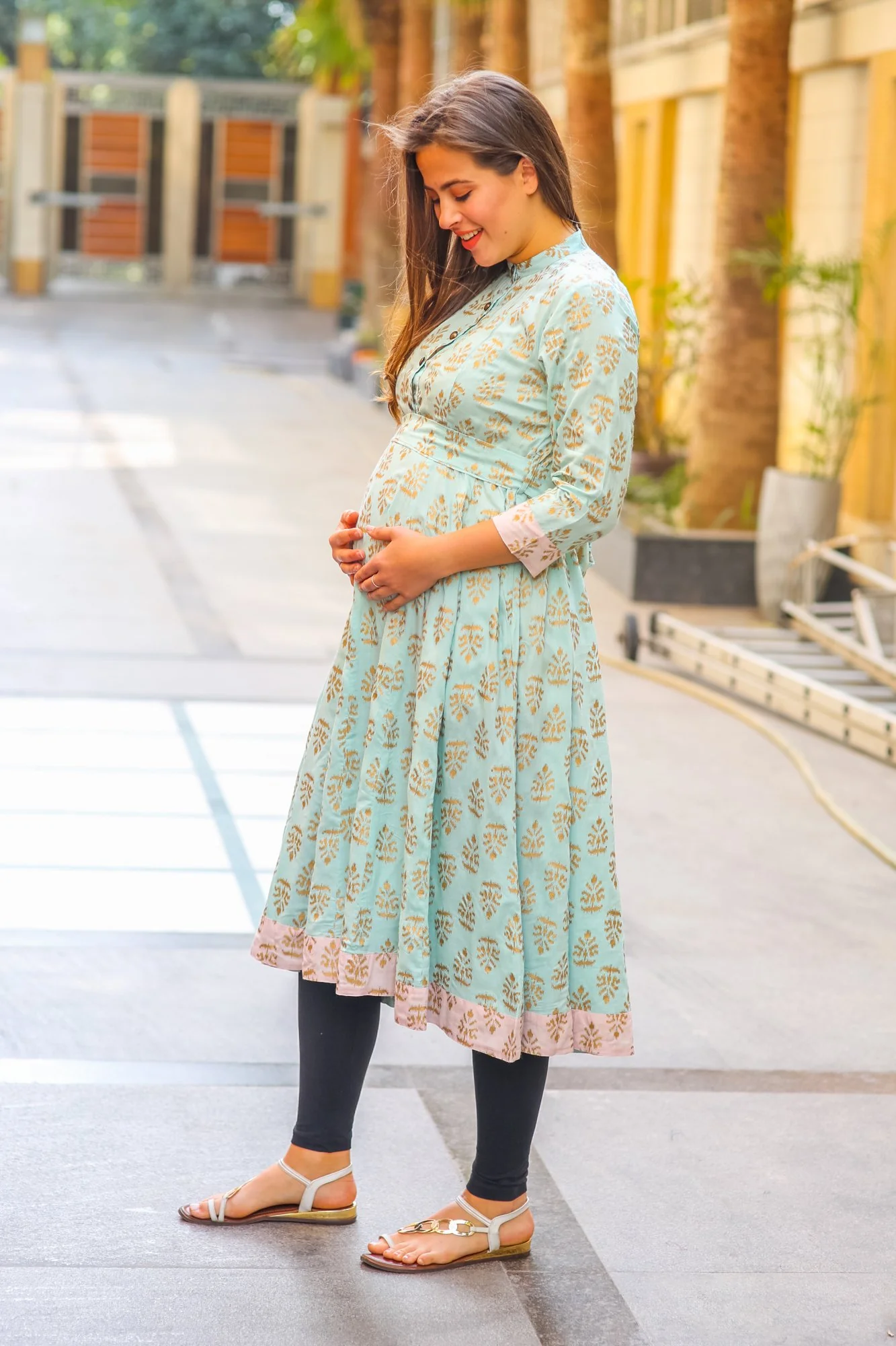 Mint Blue Gold Block Print Silk Maternity & Nursing Kurta - Chenance