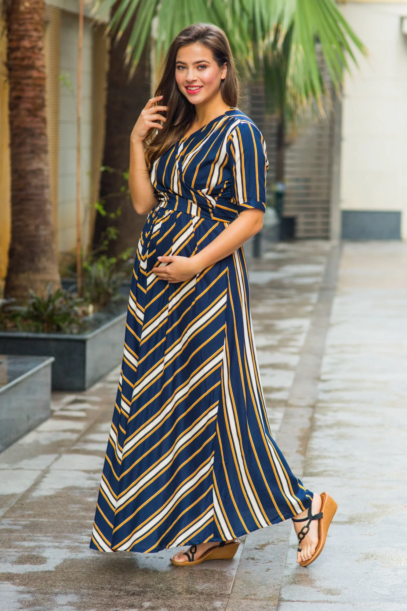 Royal Navy Striped Maternity & Nursing Wrap Dress - Chenance