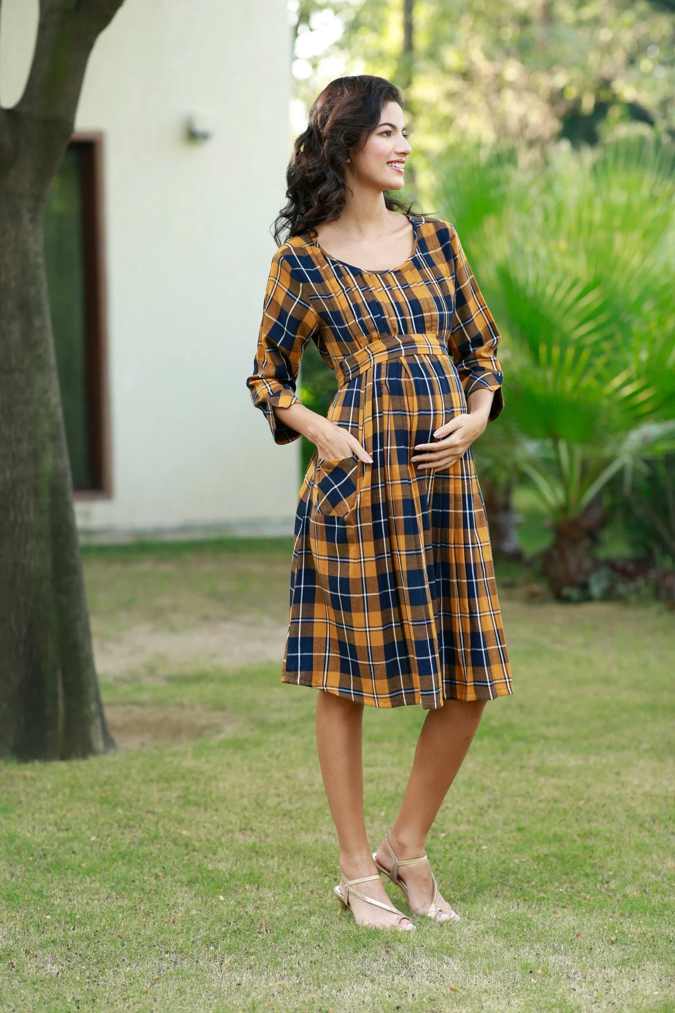 Paradise Mustard Plaid Pintucks Maternity & Nursing Dress - Chenance