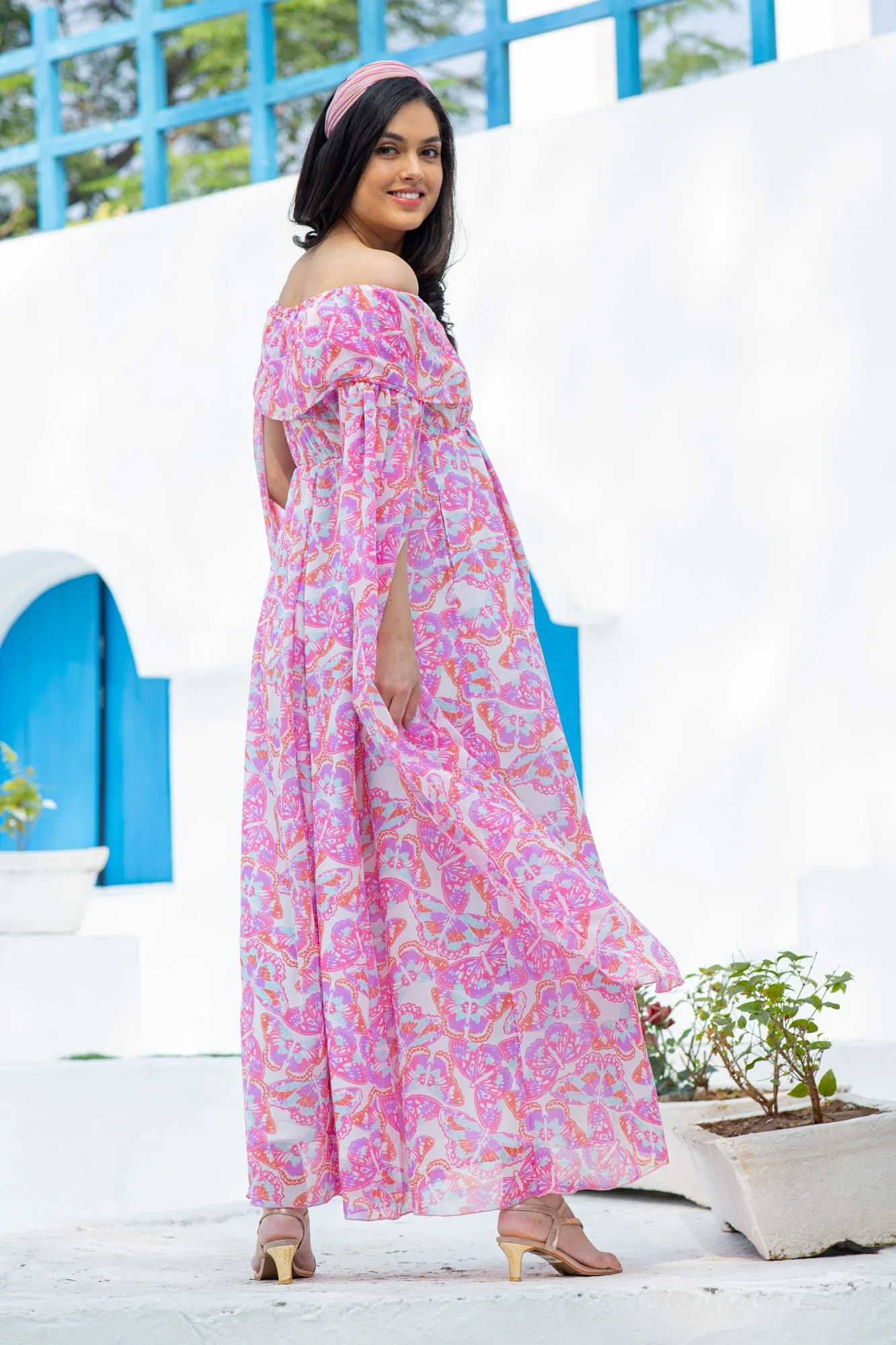Pink Butterfly Flying Sleeves Maternity & Nursing Dress - Chenance