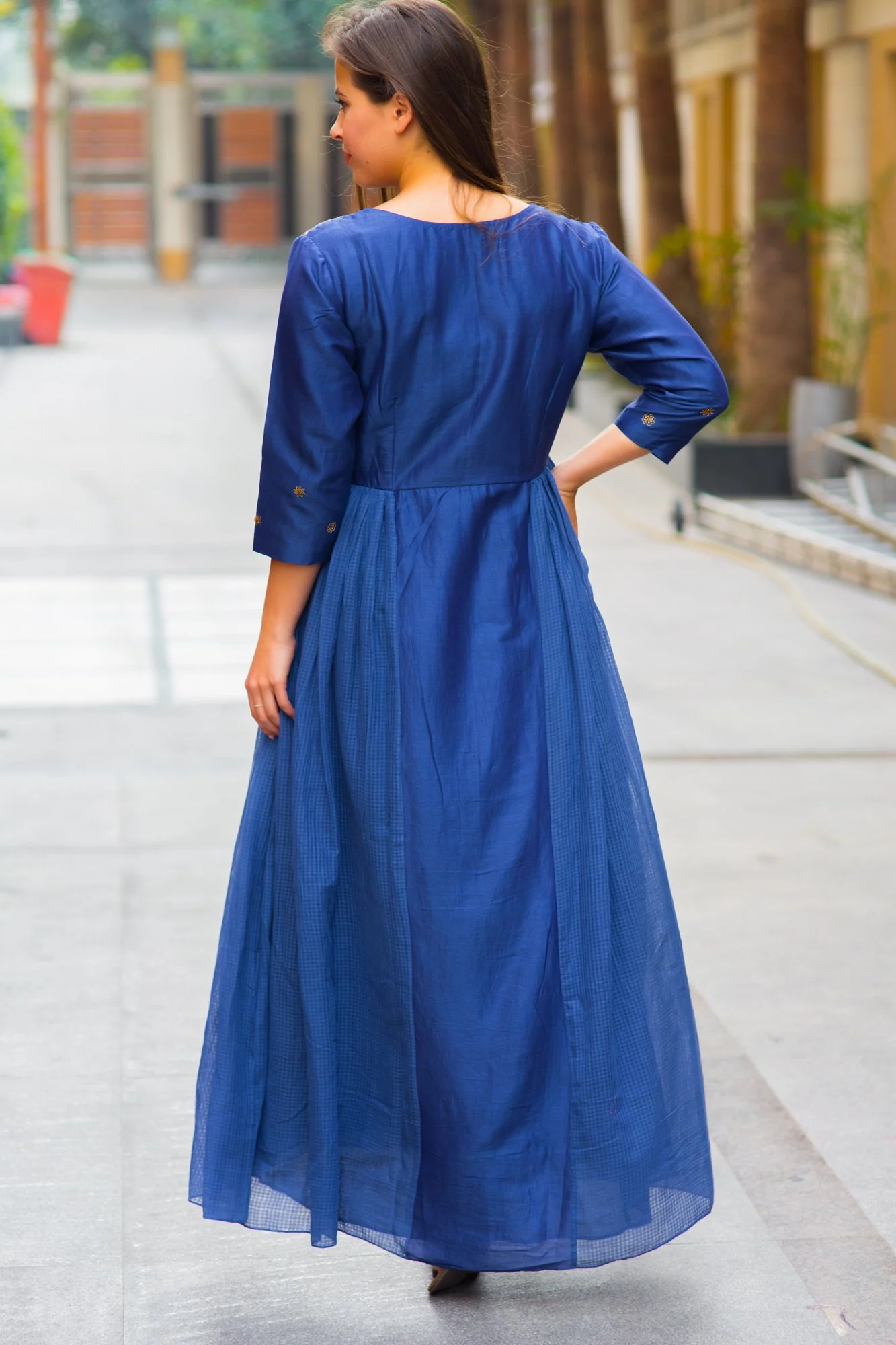Premium Blue Chanderi Hand Embroidered Maternity & Nursing Dress - Chenance