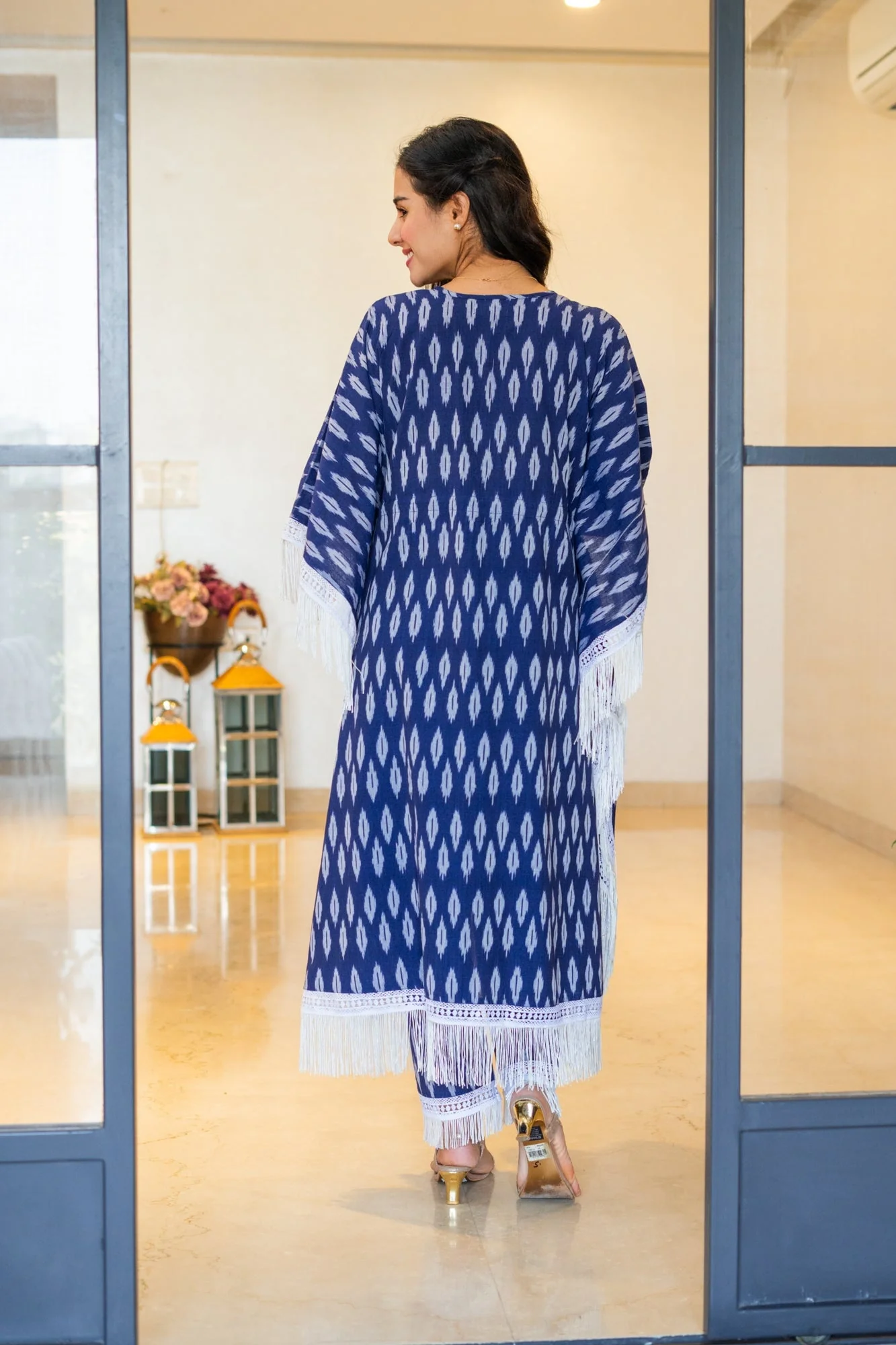 Luxe Indigo Blue Ikat Maternity & Nursing Kaftan Coord Set (100% Cotton) (2 Pc) - Chenance