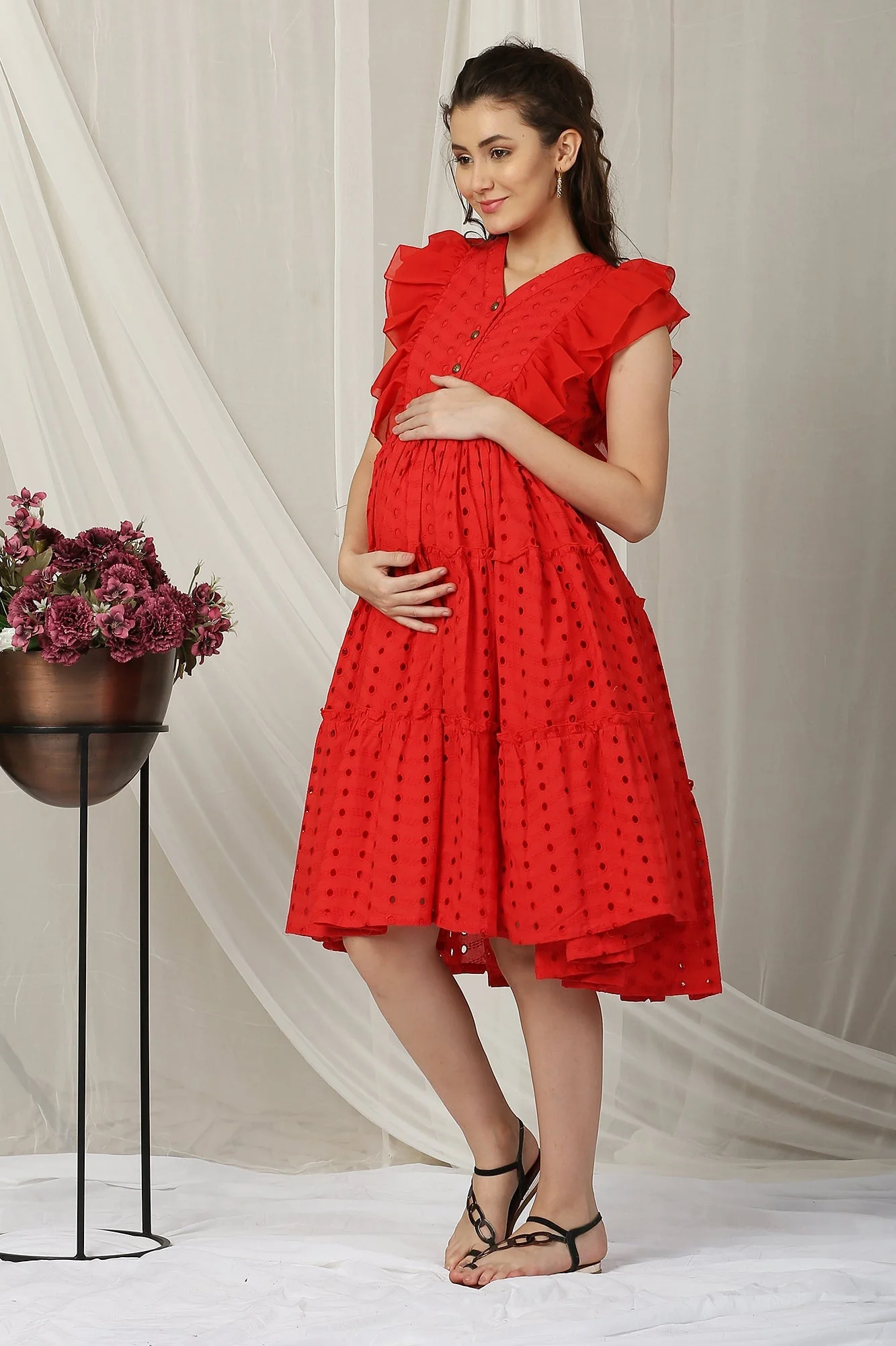 Retro Candy Red Maternity & Nursing Flowy Dress (100% Cotton) - Chenance