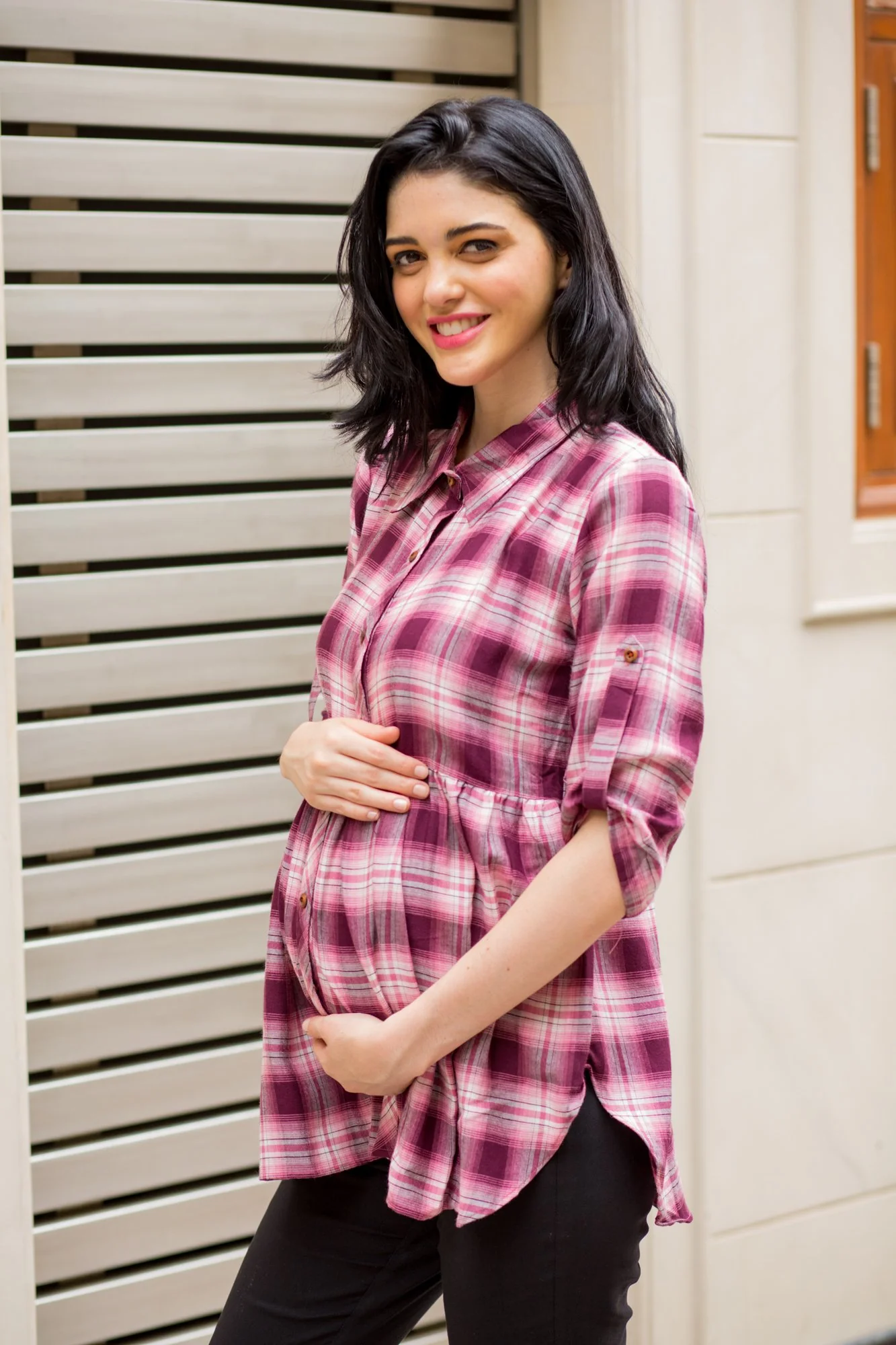 Peach Gathered Viscose Maternity & Nursing Shirt - Chenance