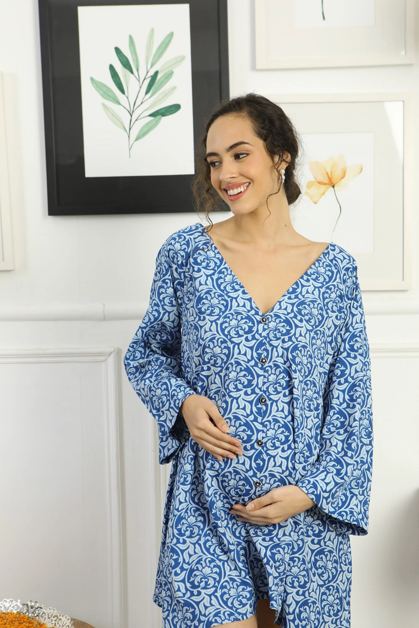 Breezy Intricate Blue Floral Maternity Knee Dress - Chenance