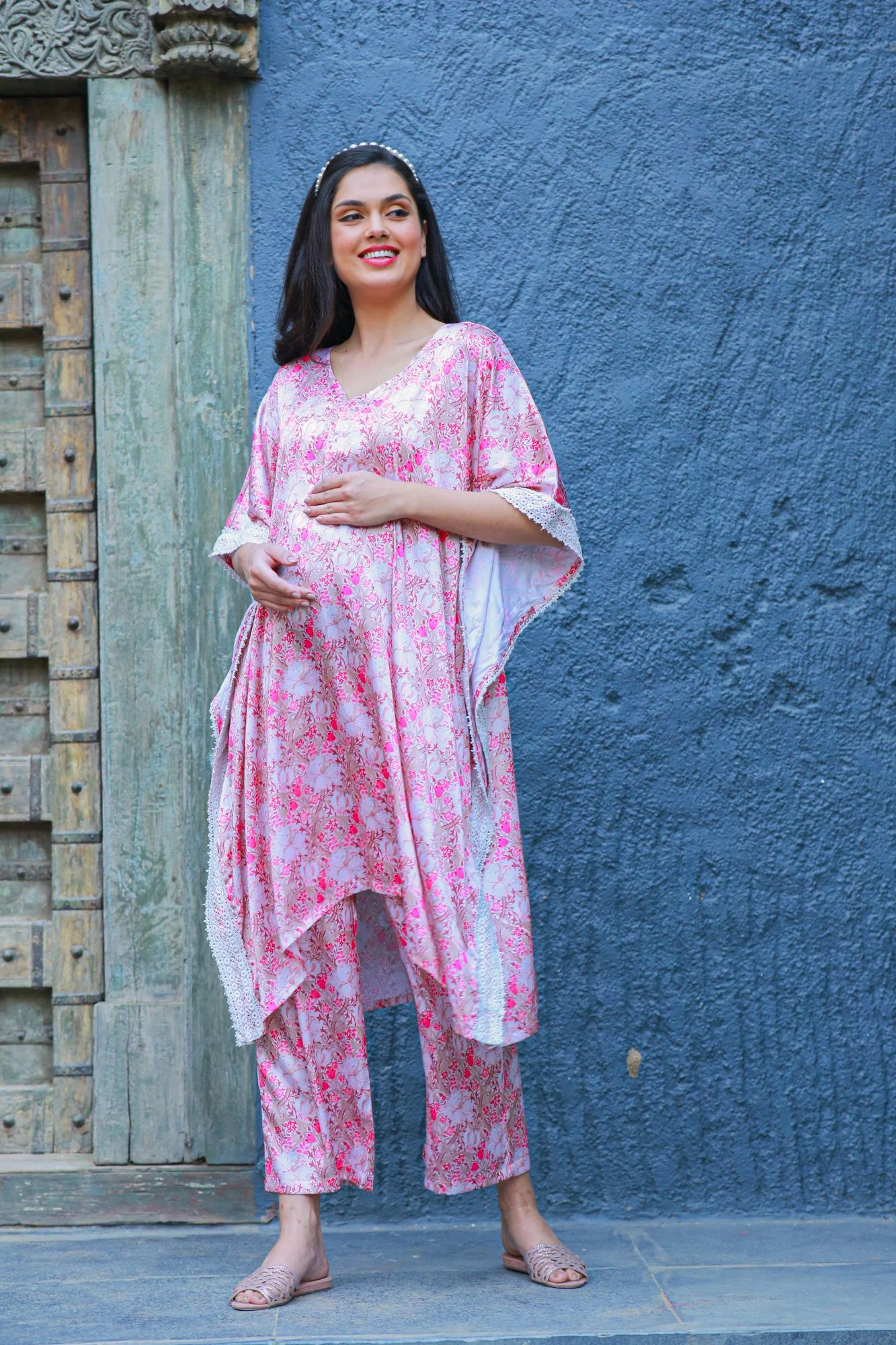 Premium Serene Rose Pink Satin Maternity & Nursing Lounge Coord Set (2 pc) - Chenance