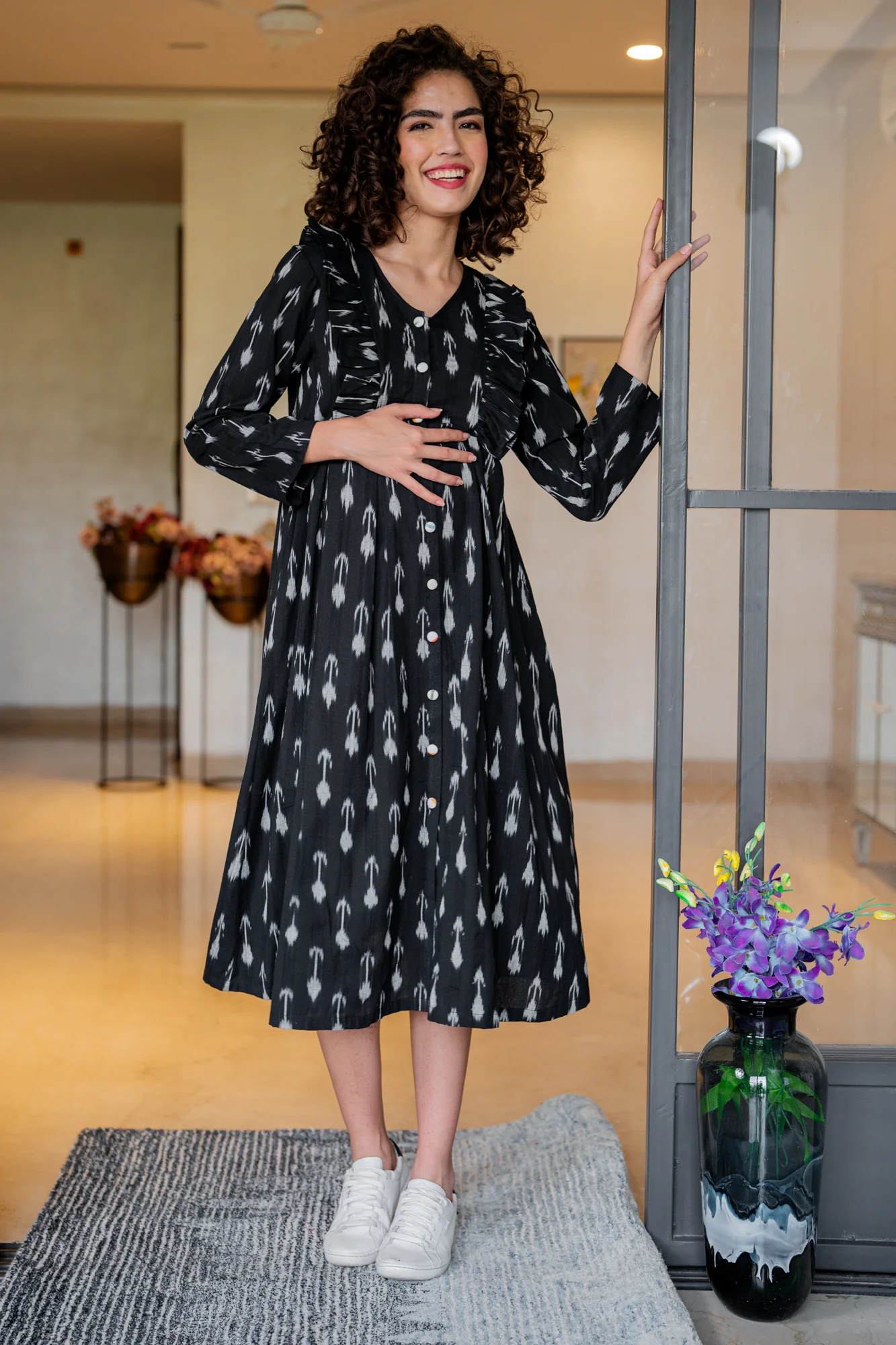 Pleasing Black Ikat Blue Maternity & Nursing Dress (100% Cotton) - Chenance