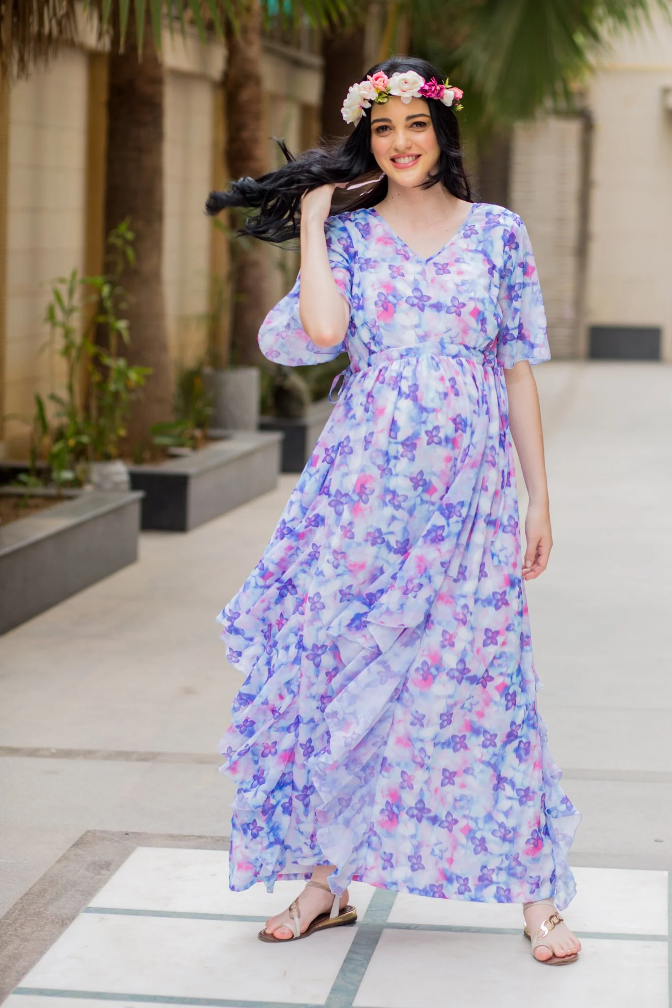 Purple Pink Butterfly Cascading Maternity Flow Dress - Chenance