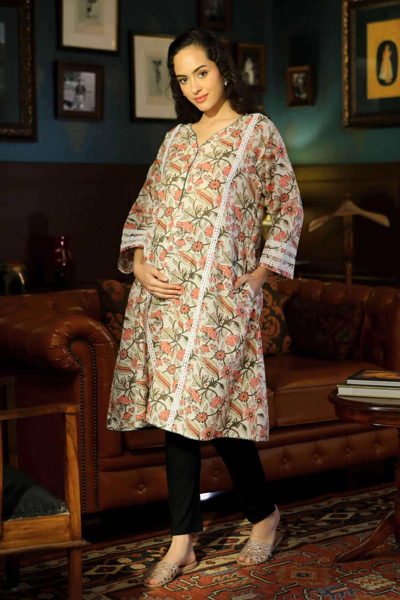 Cream Flower Pop Maternity & Nursing Kurta (100% Cotton) - Chenance