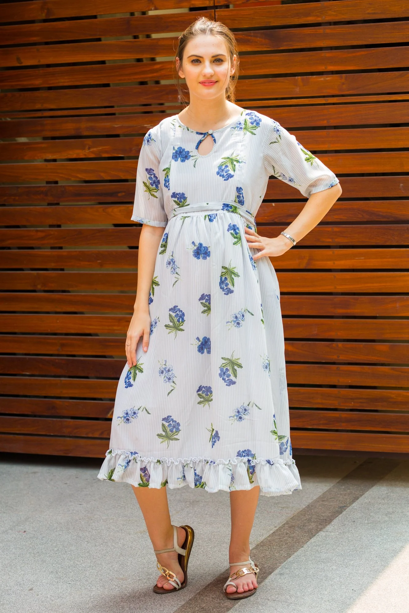 Rose Striped Concealed Zips Nursing Dress - Chenance