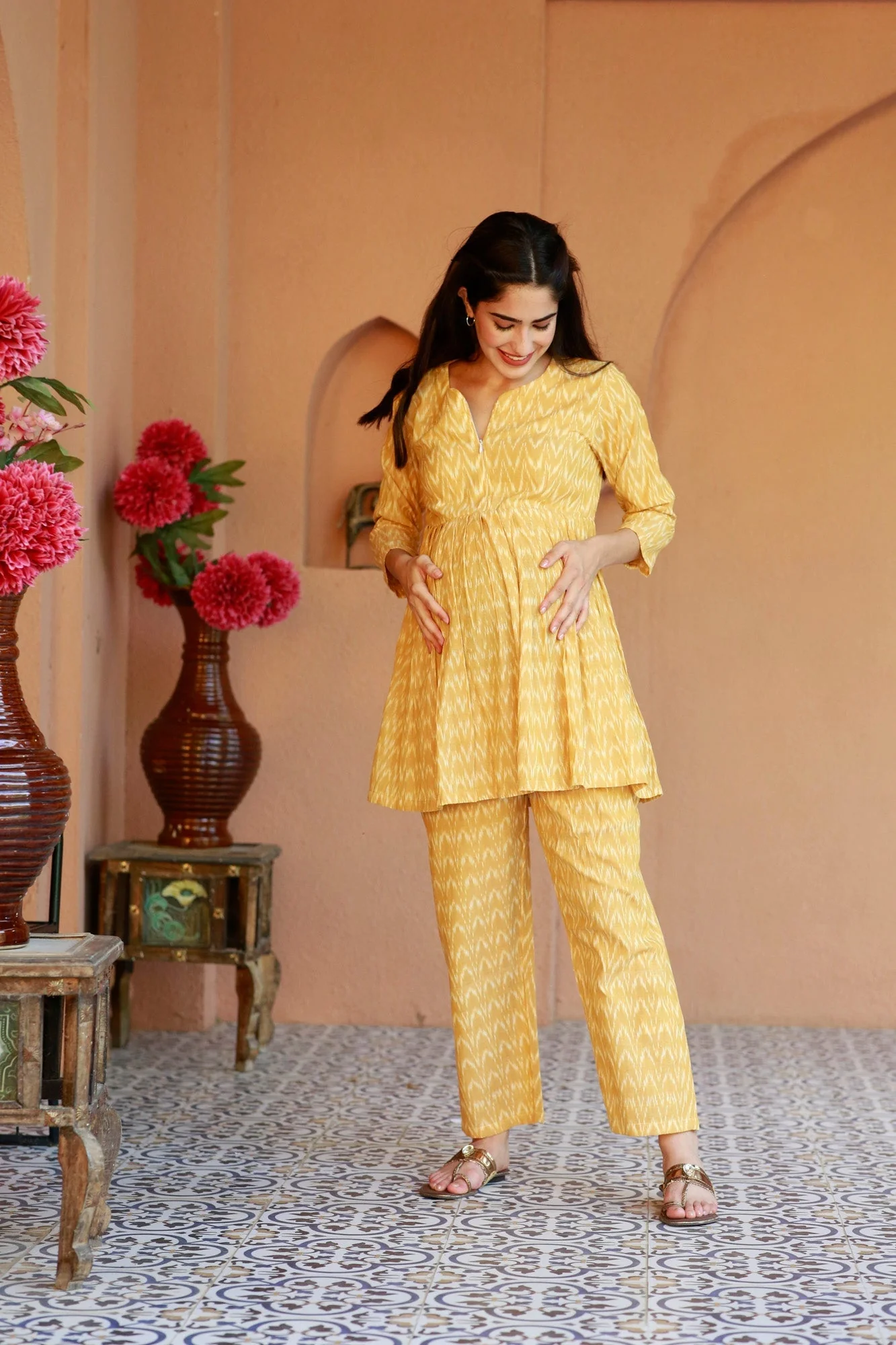 Restful Mustard Ikat Maternity & Nursing Lounge Coord Set (2Pc) (100% Cotton) - Chenance