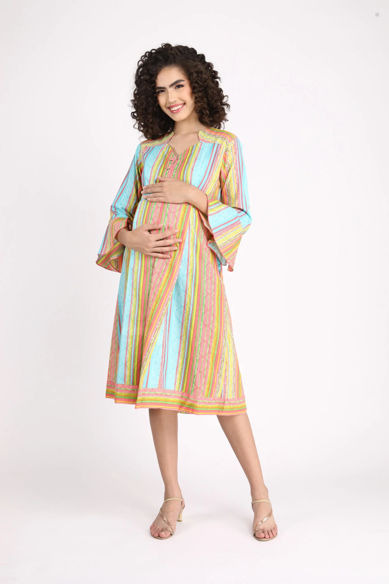 Striped Coral Maternity & Nursing Dress (100% Cotton) - Chenance