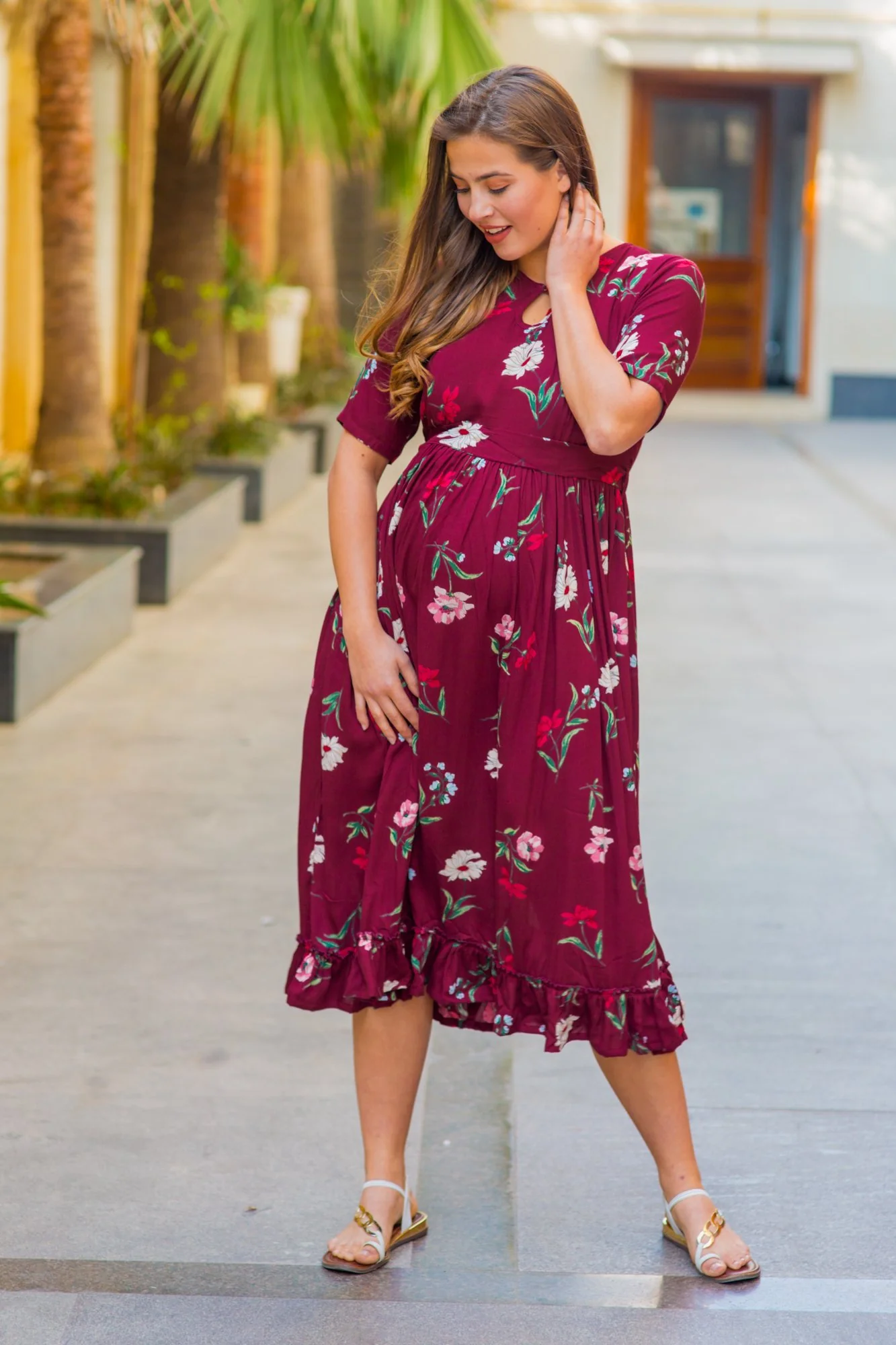 Berry Floral Frill Crepe Concealed Zips Maternity & Nursing Dress - Chenance