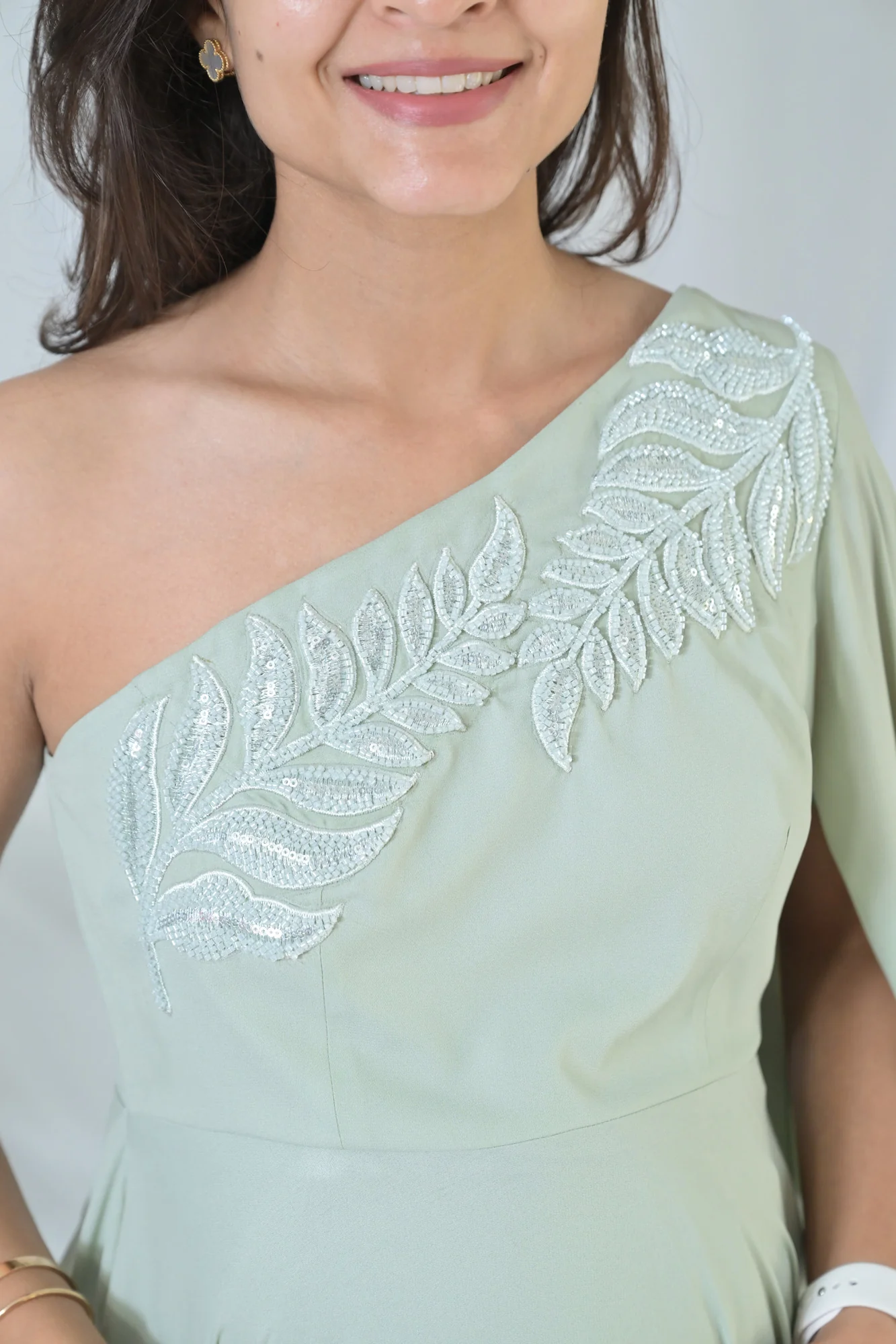Luxe Sage Green Embroidered Maternity Satin Gown - Chenance
