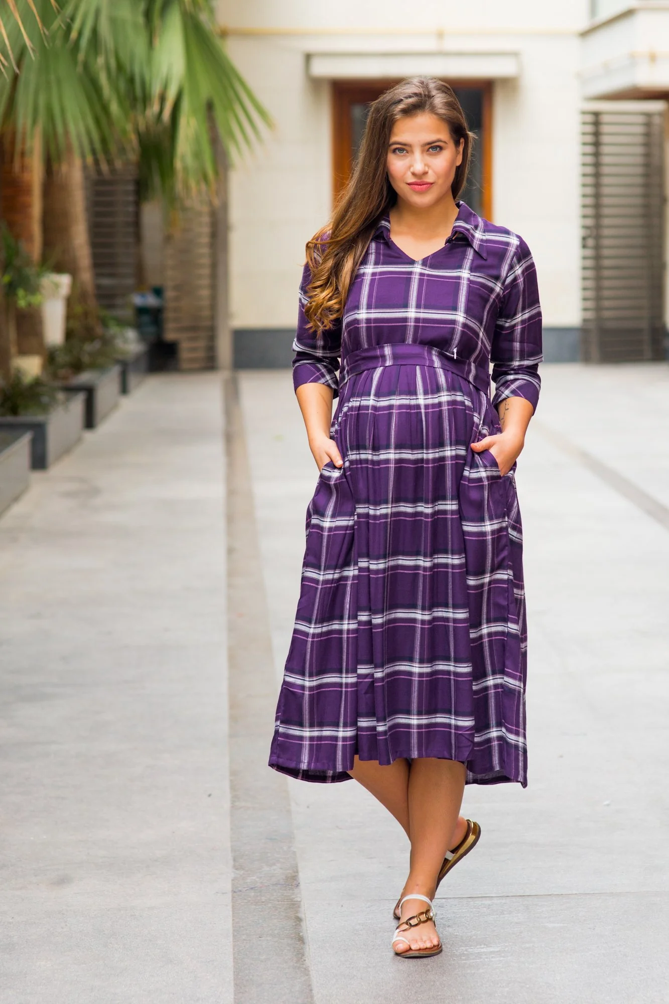 Slick Violet Plaid Maternity & Nursing Button Dress - Chenance