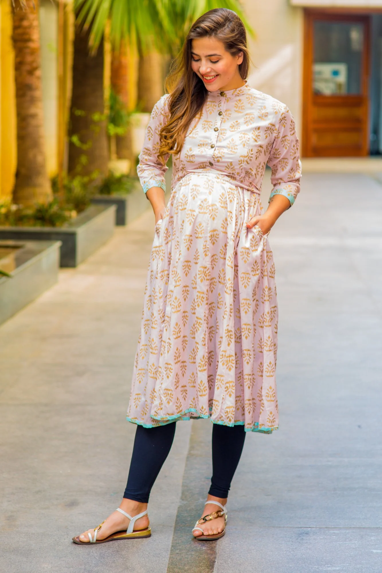 Pastel Pink Gold Block Print Silk Maternity & Nursing Kurta - Chenance