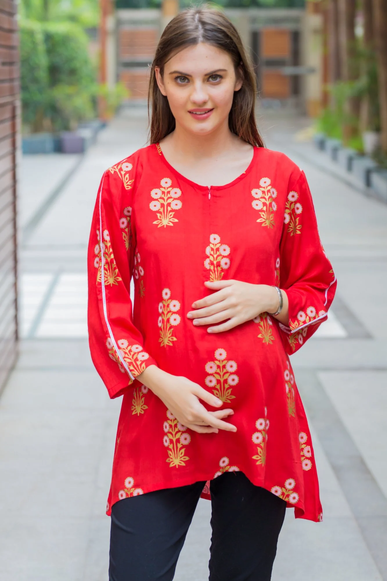 Ruby Red Gold Viscose Maternity & Nursing Top - Chenance