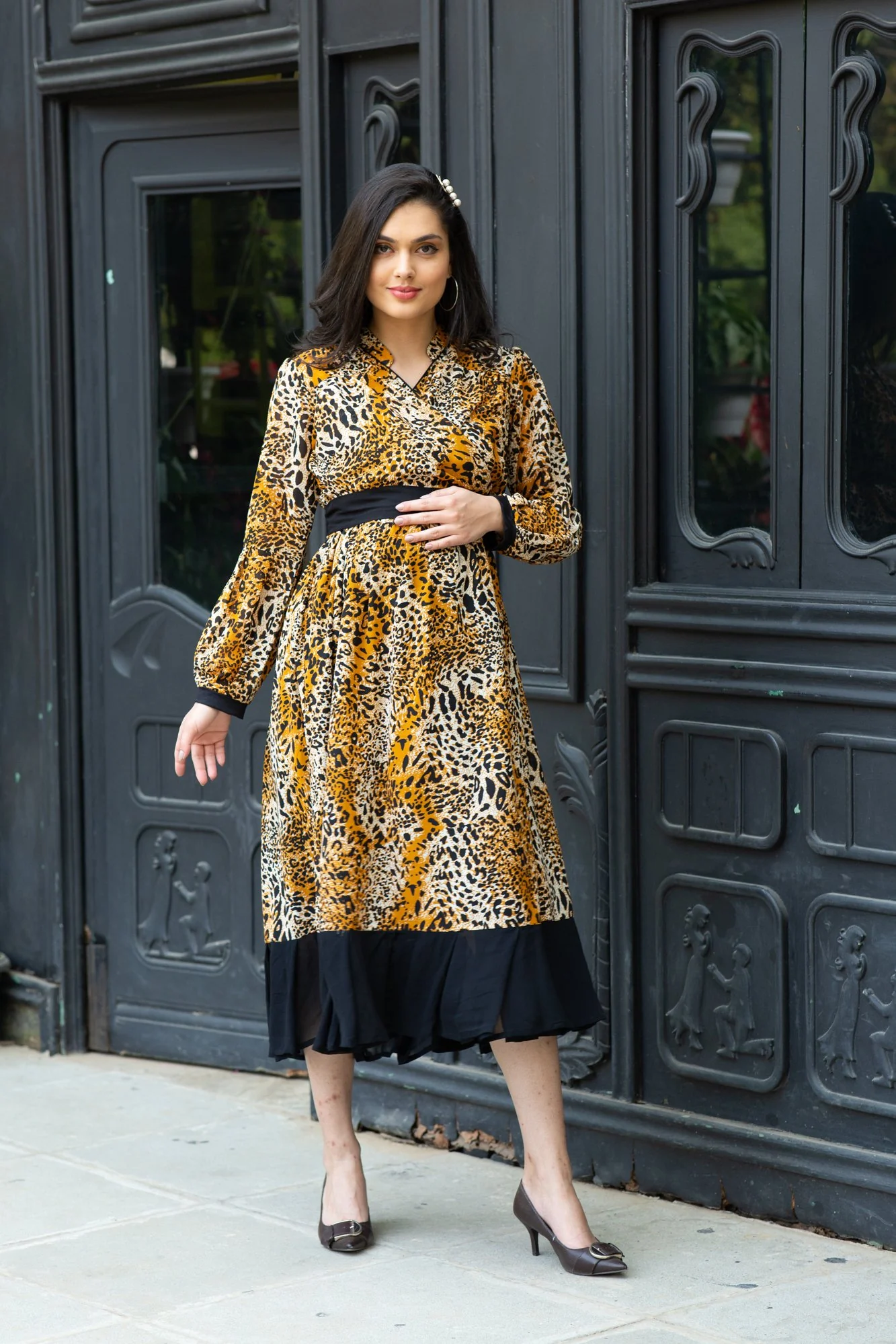 Premium Tropical Brown Maternity & Nursing Midi Wrap Dress - Chenance