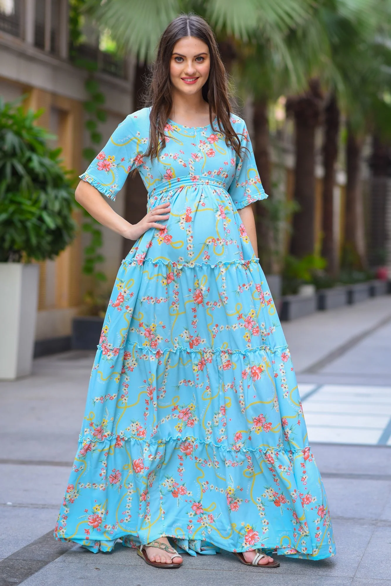 Hawaii Blue Frill Maternity & Nursing Dress - Chenance