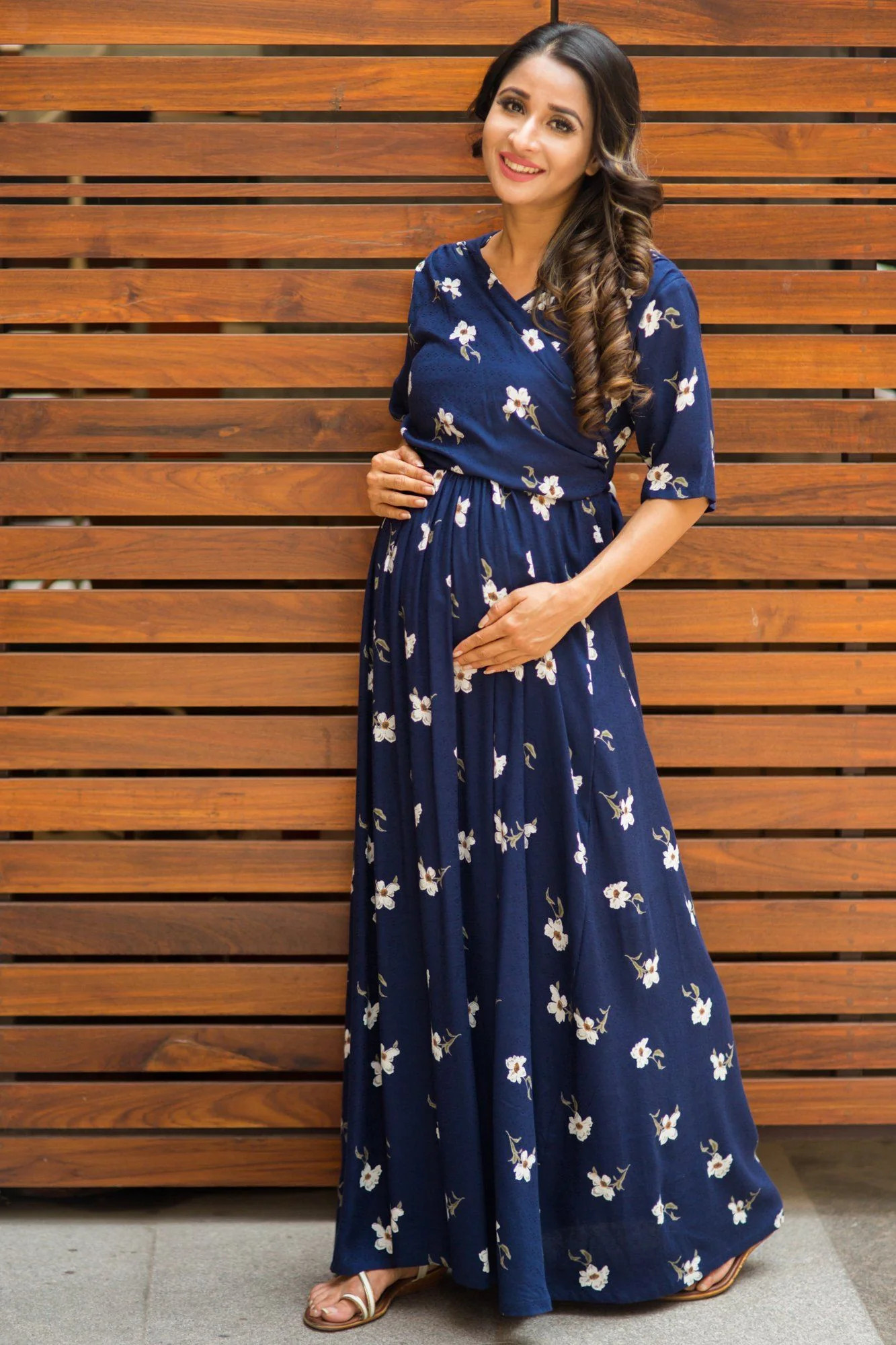Luxe Navy Pearl Blossom Maternity& Nursing Wrap Dress - Chenance