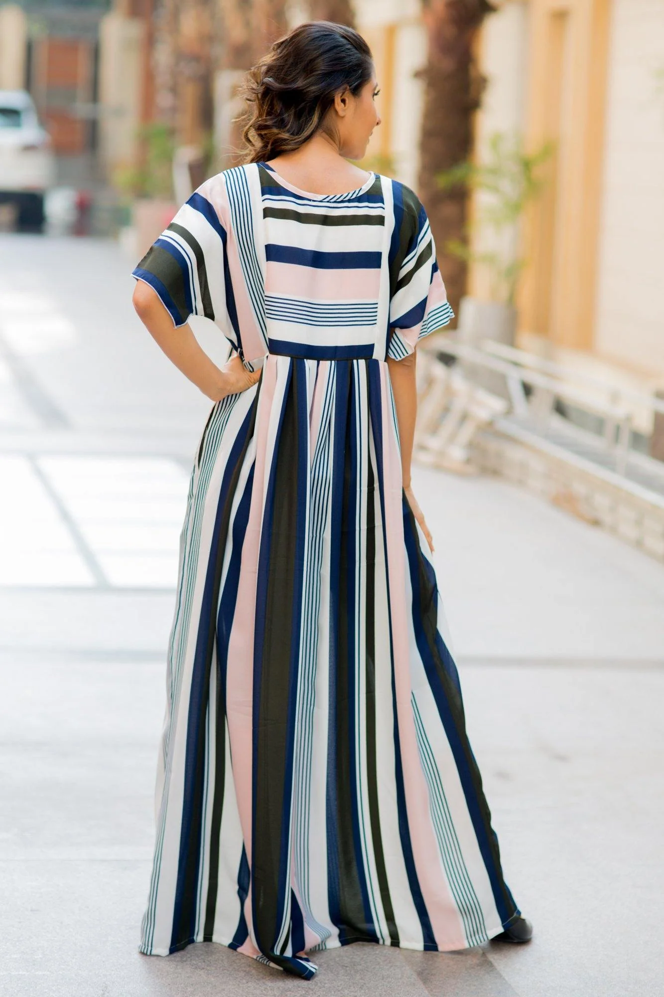 Peaches & Cream Stripe Crepe Maternity & Nursing Maxi - Chenance
