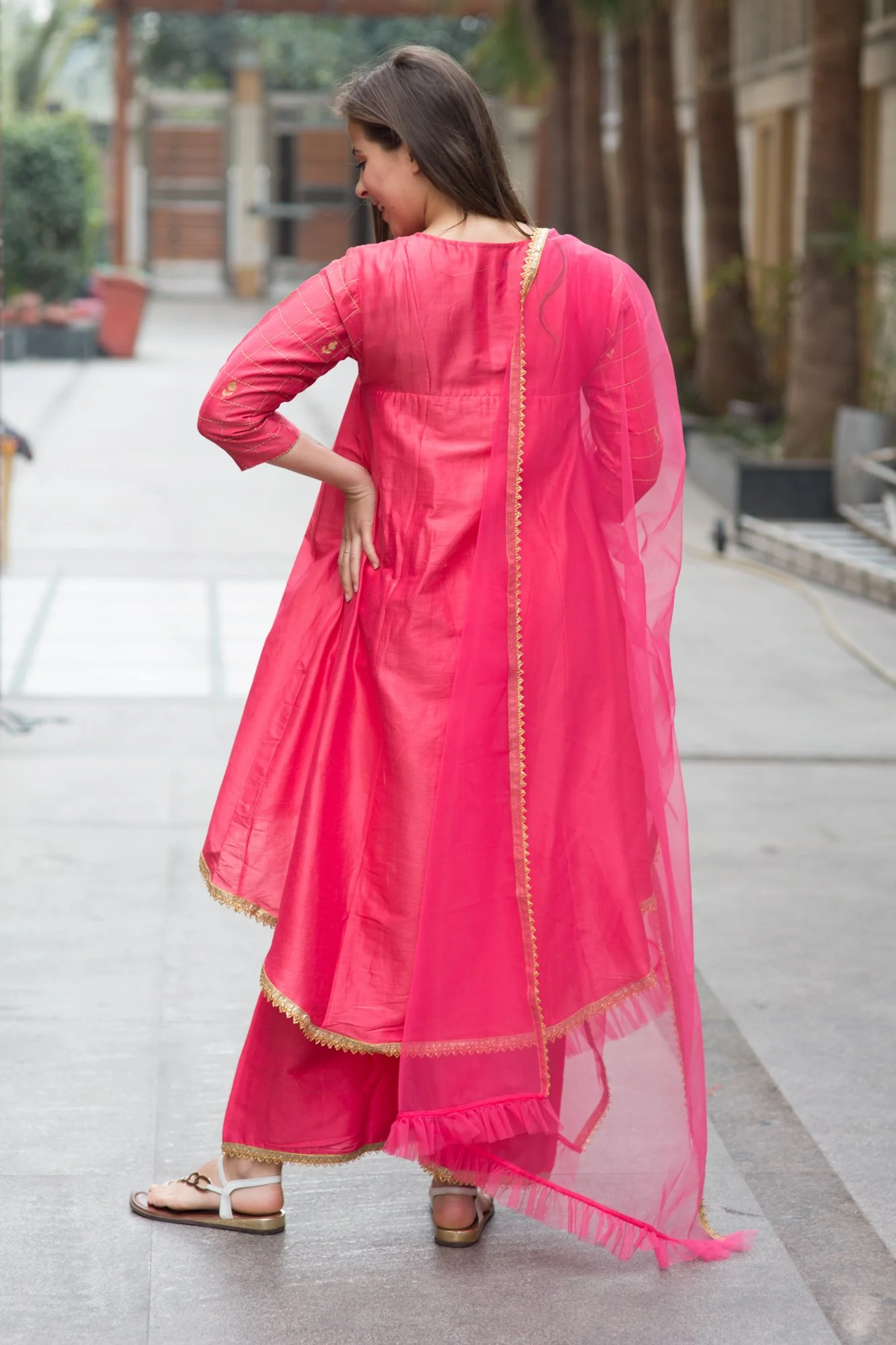 Premium Pink Chanderi Silk Gold Zari Maternity Suit Set (3 pc) - Chenance