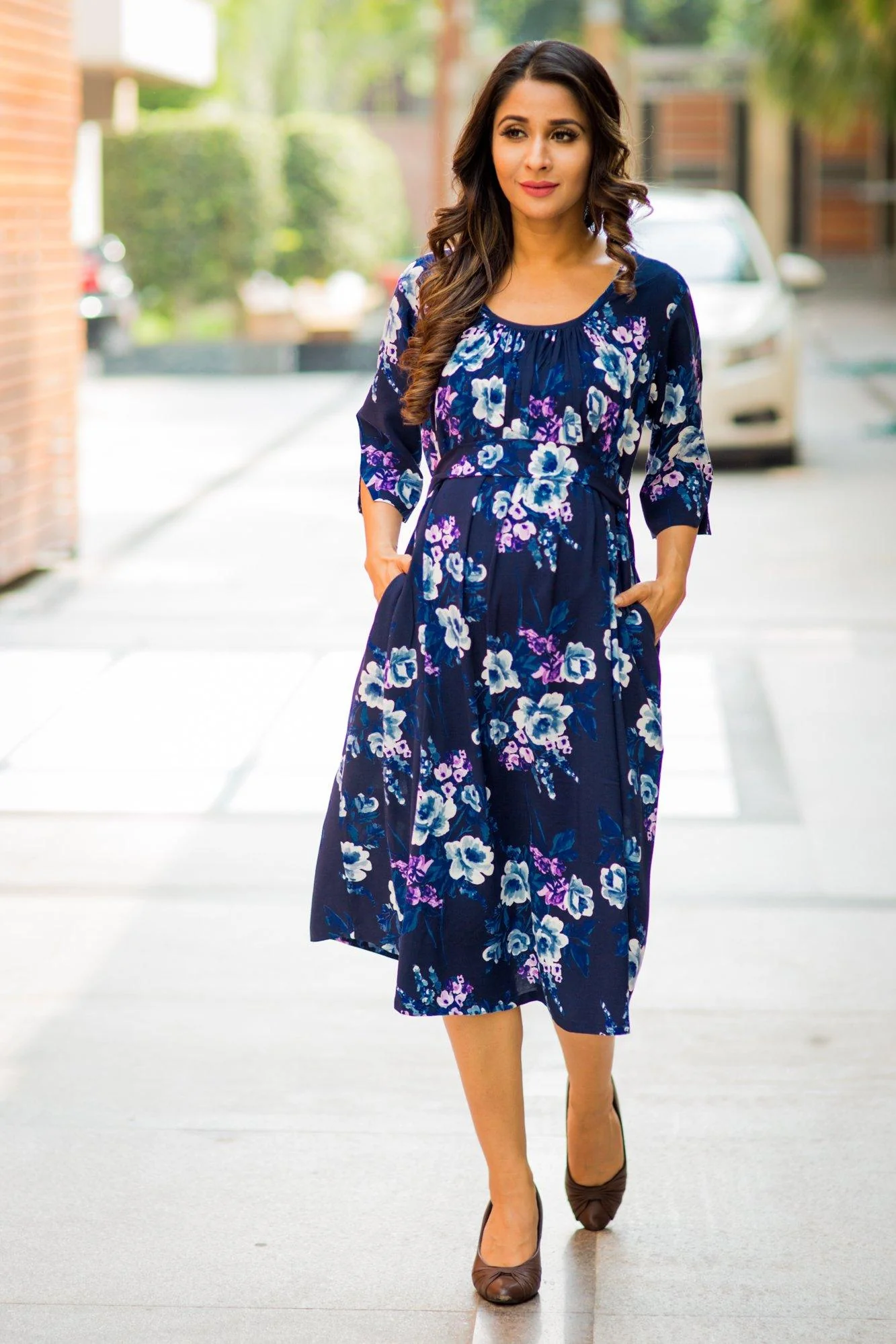 Ocean Blue Floral Print Pocket Versatile Maternity Dress - Chenance