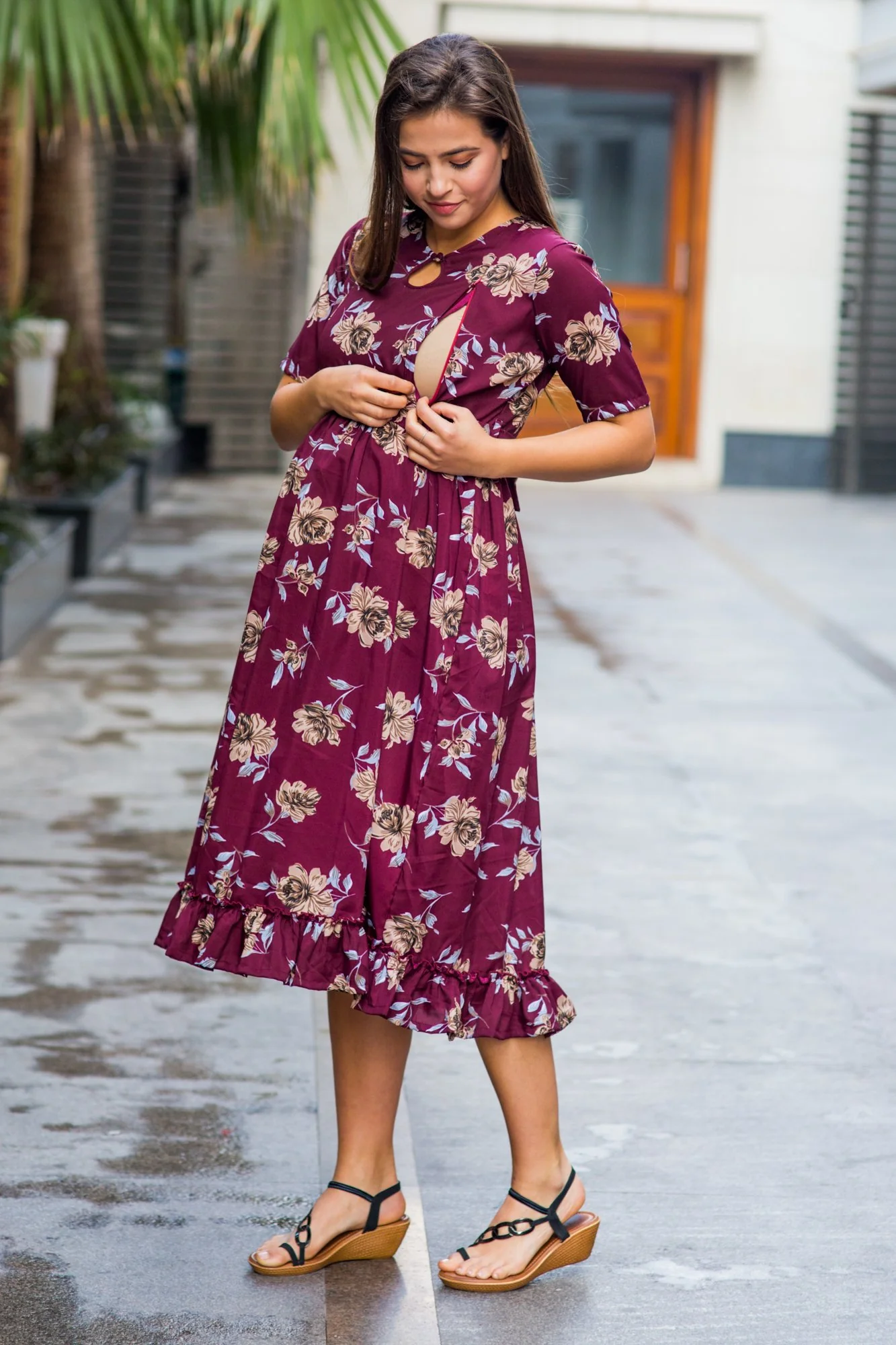 Burgandy Floral Frill Crepe Concealed Zips Maternity & Nursing Dress - Chenance