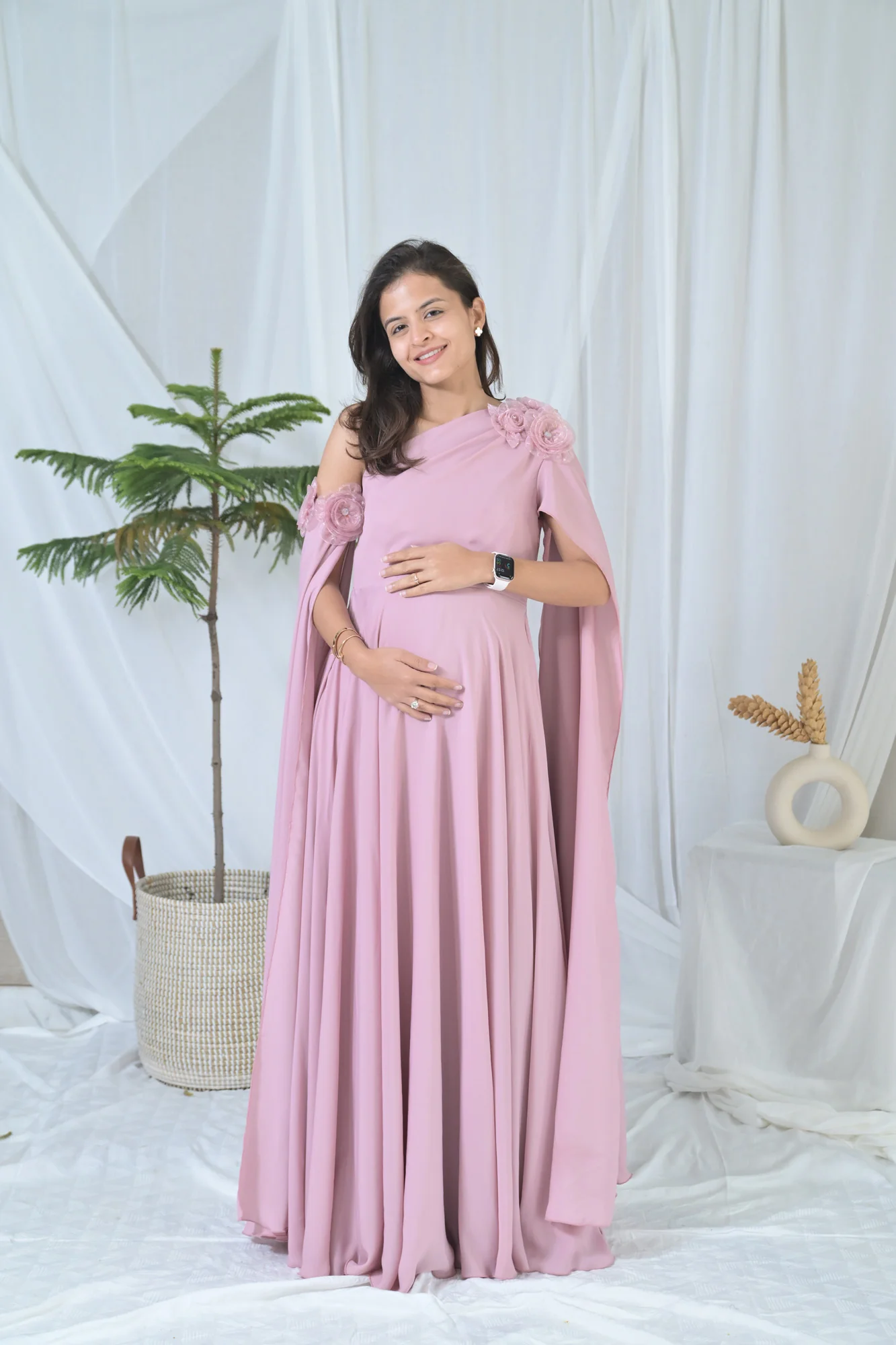 Luxe Rosewood Pink Maternity Satin Gown - Chenance