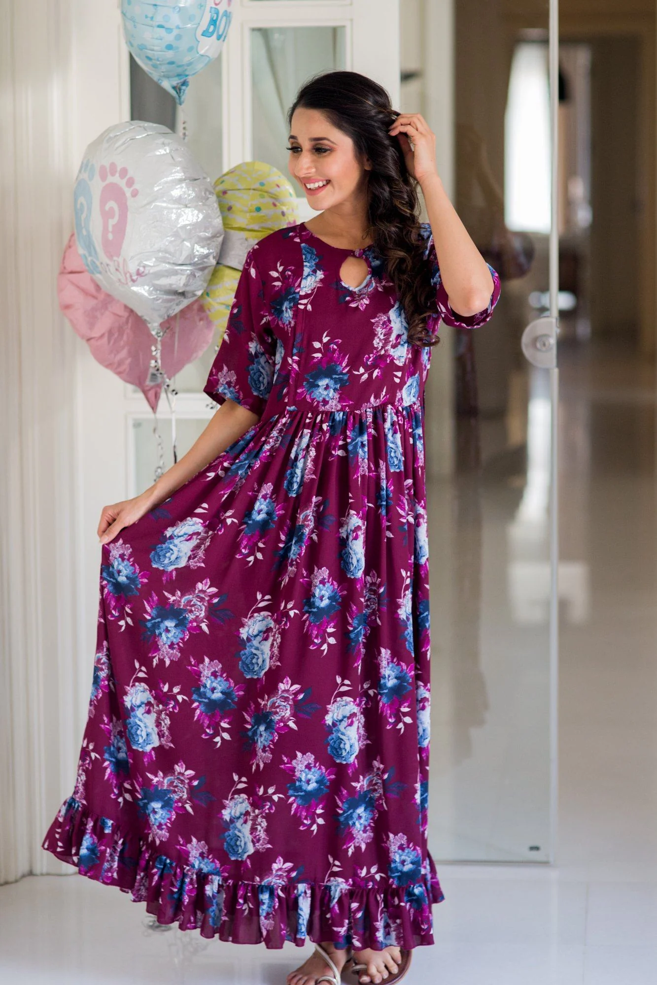 Violet Floral Frill Concealed Zips Maternity & Nursing Dress - Chenance